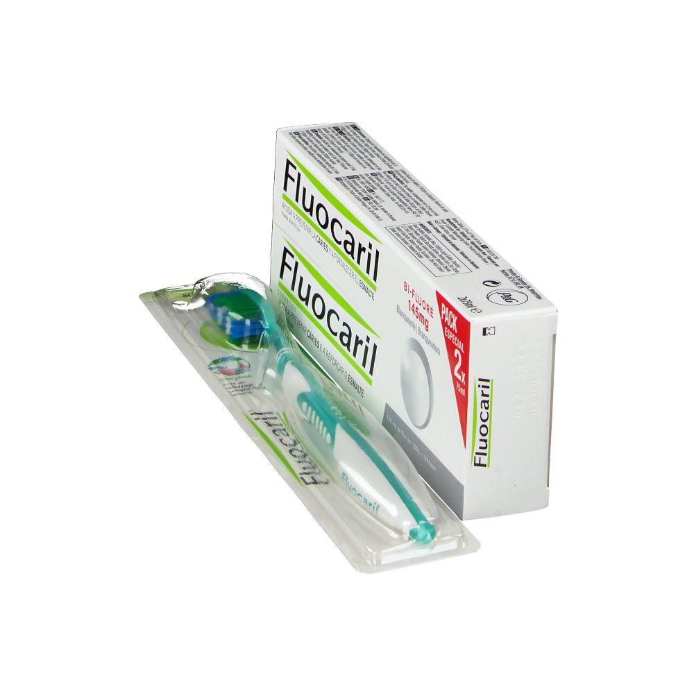 Ensemble dentifrice et brosse à dents. L'emballage affiche le nom et les caractéristiques du produit. Une brosse à dents est également incluse.