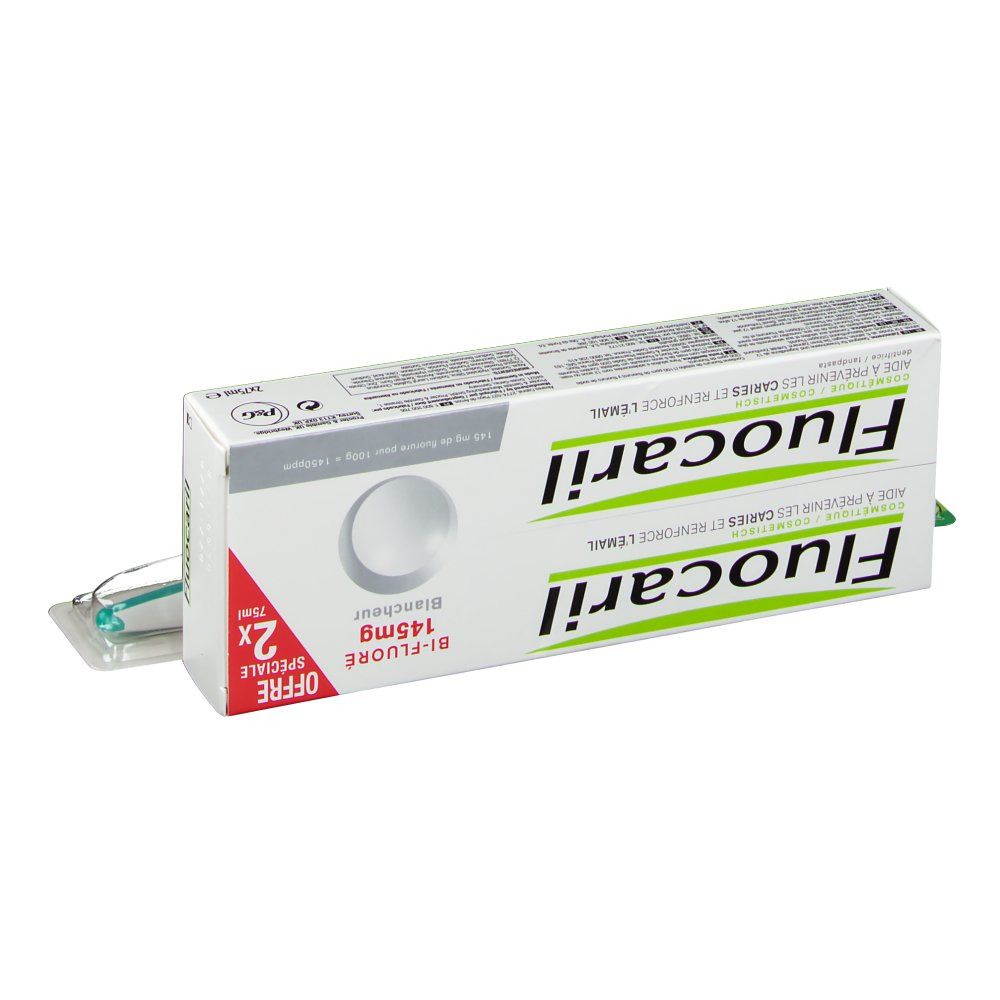 Ensemble dentifrice et brosse à dents. L'emballage affiche le nom et les caractéristiques du produit. Une brosse à dents est également incluse.
