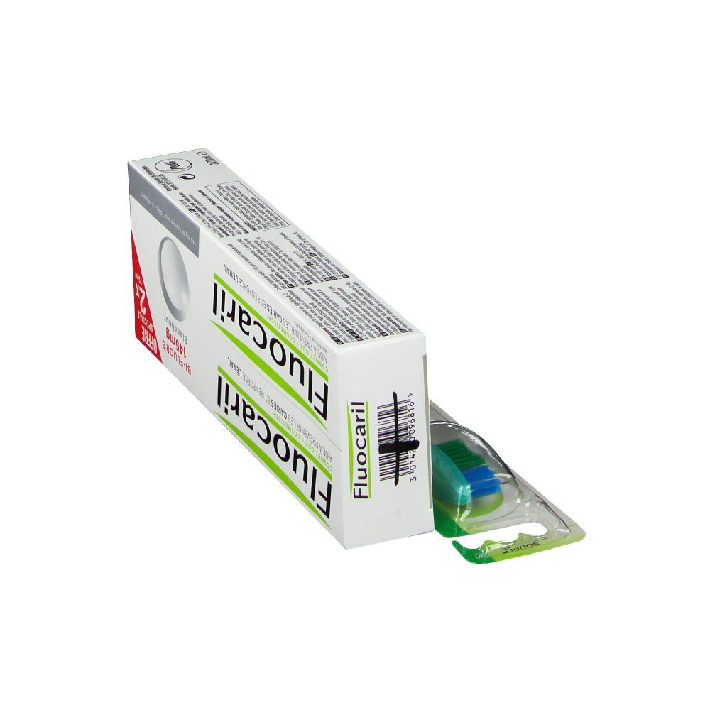 Ensemble dentifrice et brosse à dents. L'emballage affiche le nom et les caractéristiques du produit. Une brosse à dents est également incluse.
