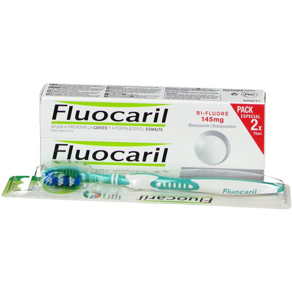 Ensemble dentifrice et brosse à dents. Contient deux tubes de dentifrice et une brosse à dents. Emballage avec nom et caractéristiques du produit.