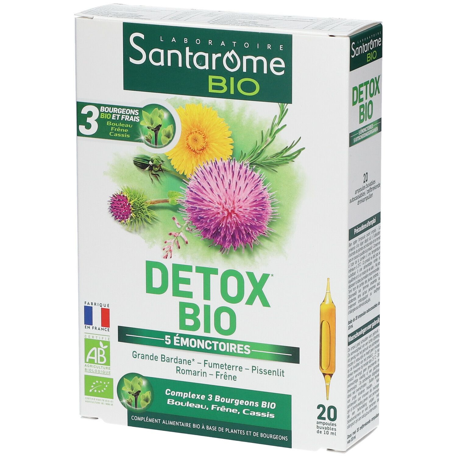 Doos Santarome Bio Detox. Bevat 20 ampullen. Opschriften: Detox Bio, 5 Émonctoires, AB-label, Franse vlag.