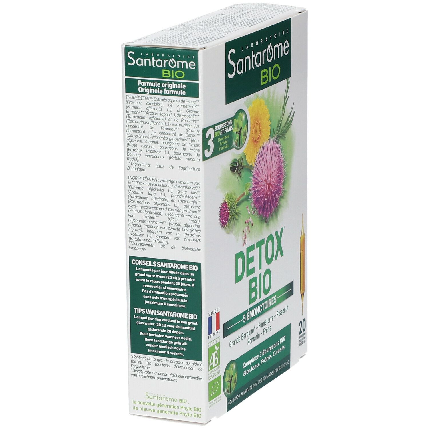 Santarome Bio Detox doos, schuin van opzij. Opschriften: Detox Bio, 5 Émonctoires, AB-label, Franse vlag, 20 ampullen.
