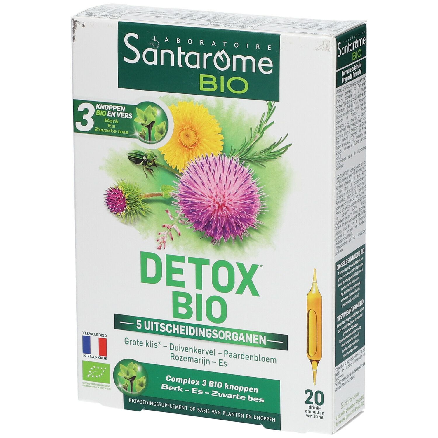 Santarome Bio Detox doos. Opschriften: Detox Bio, 5 Uitscheidingsorganen, AB-label, Franse vlag, 20 ampullen.