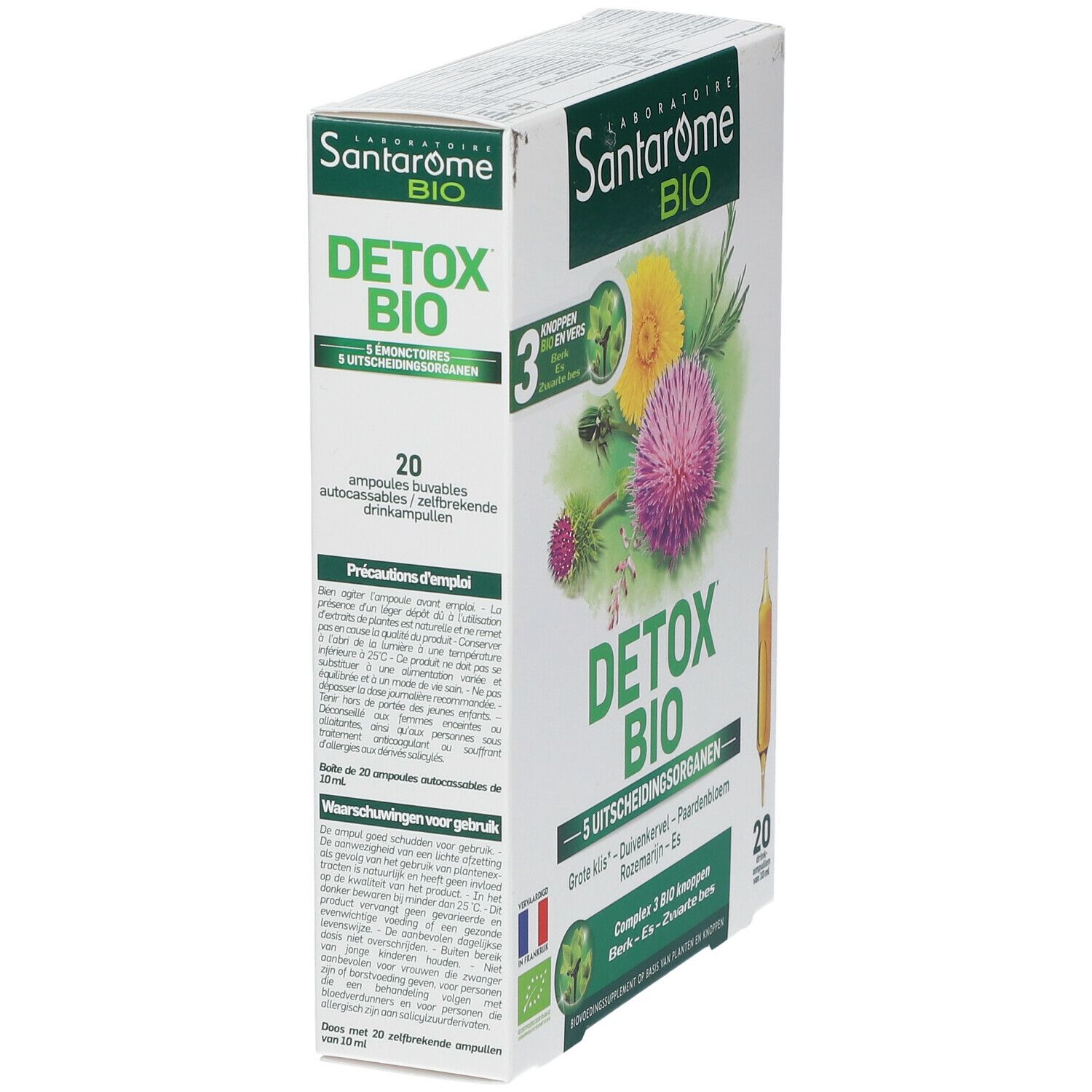 Santarome Bio Detox doos, schuin van opzij. Opschriften: Detox Bio, 5 Uitscheidingsorganen, AB-label, Franse vlag, 20 ampullen.