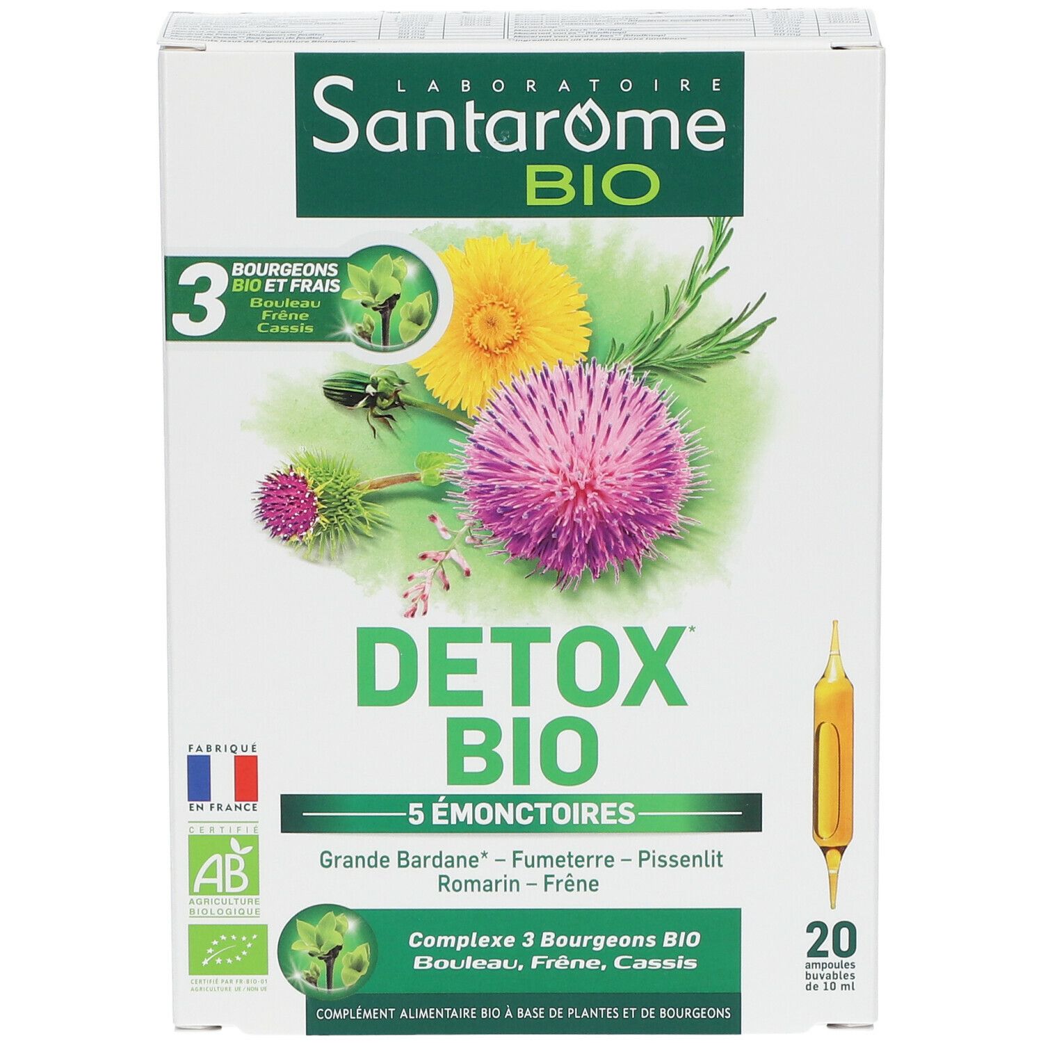 Santarome Bio Detox doos. Opschriften: Detox Bio, 5 Émonctoires, AB-label, Franse vlag, 20 ampullen.