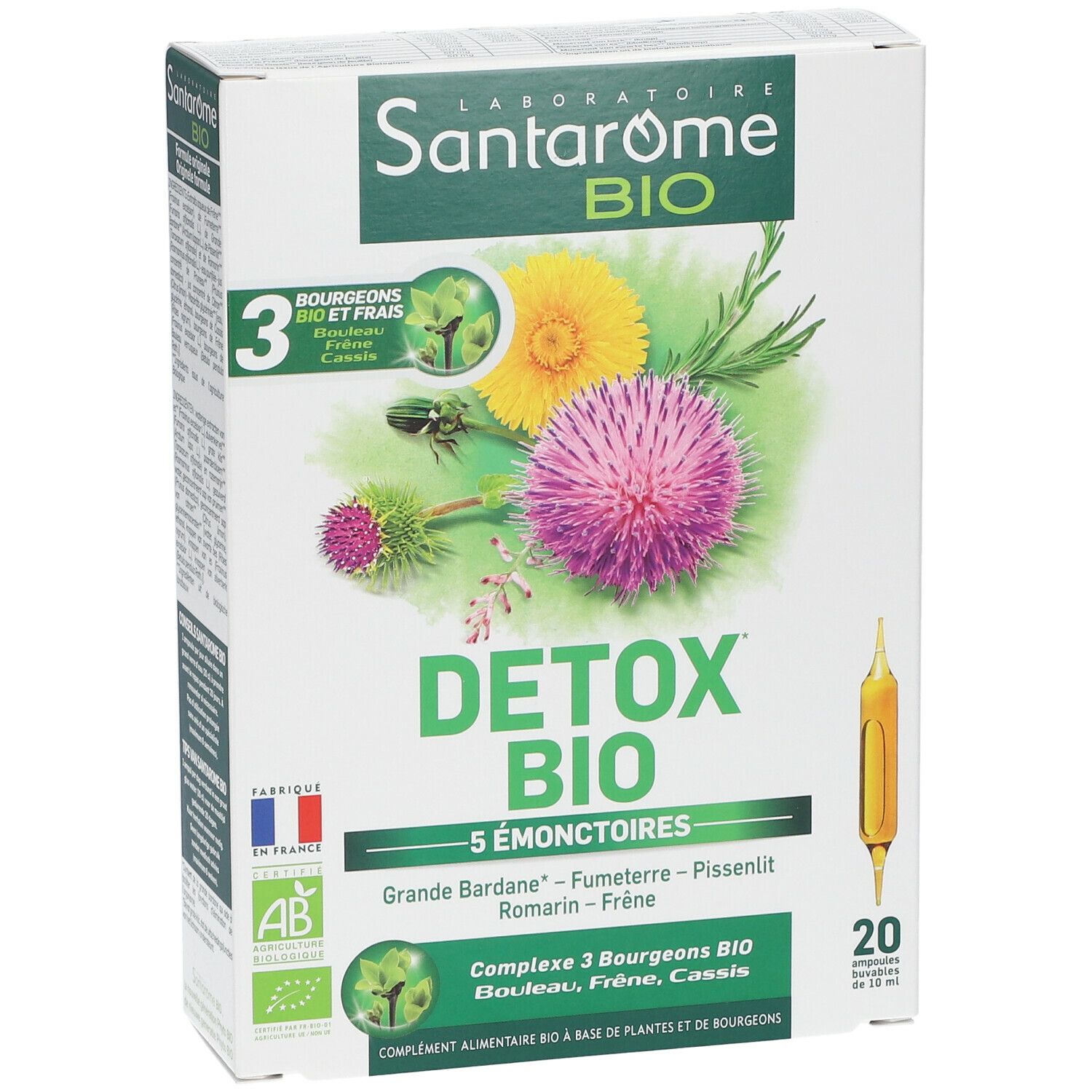 Santarome Bio Detox doos, schuin van opzij. Opschriften: Detox Bio, 5 Émonctoires, AB-label, Franse vlag, 20 ampullen.