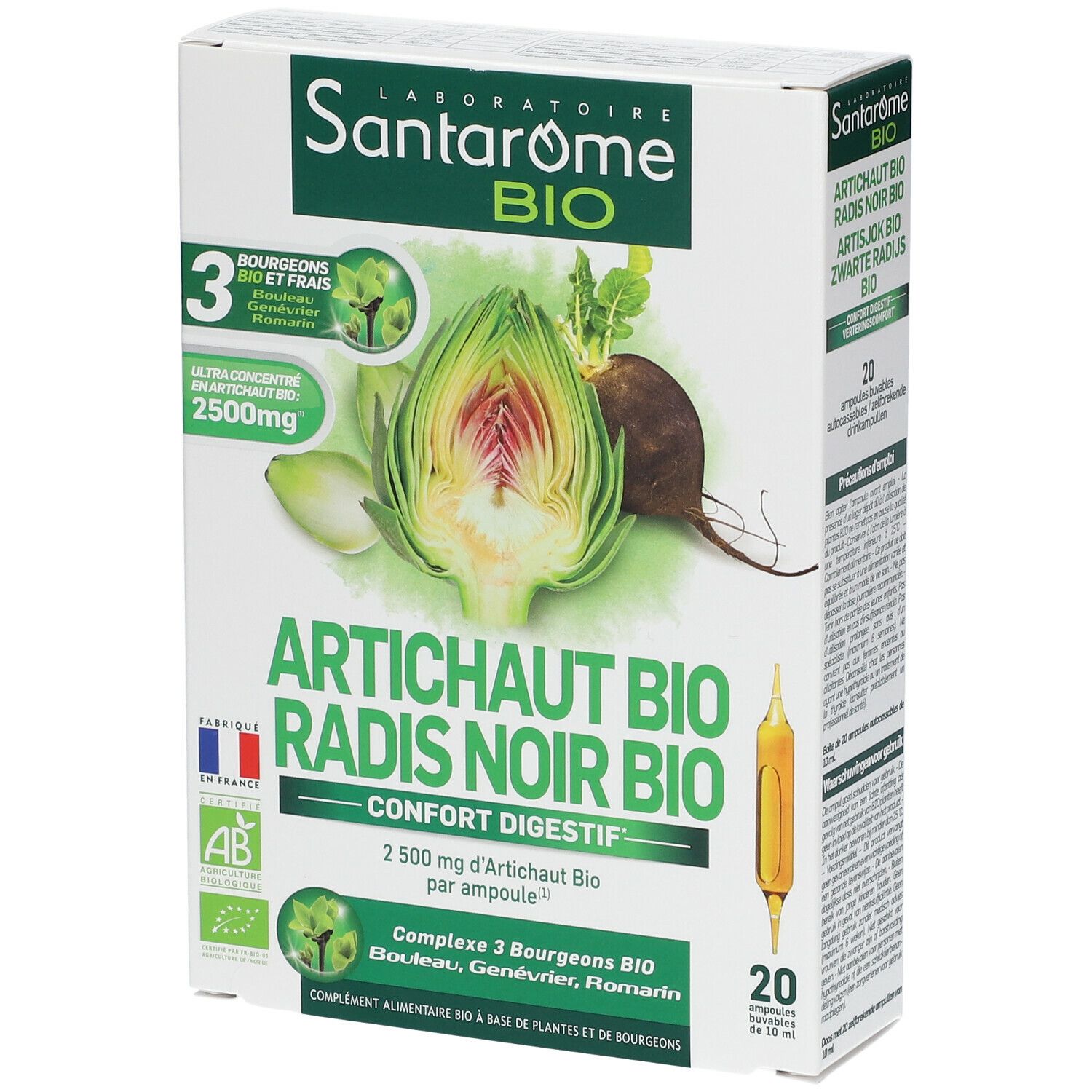 Verpakking Santarome Bio. Artisjok, Zwarte Radijs. 20 ampullen. AB Bio-label. Franse vlag.