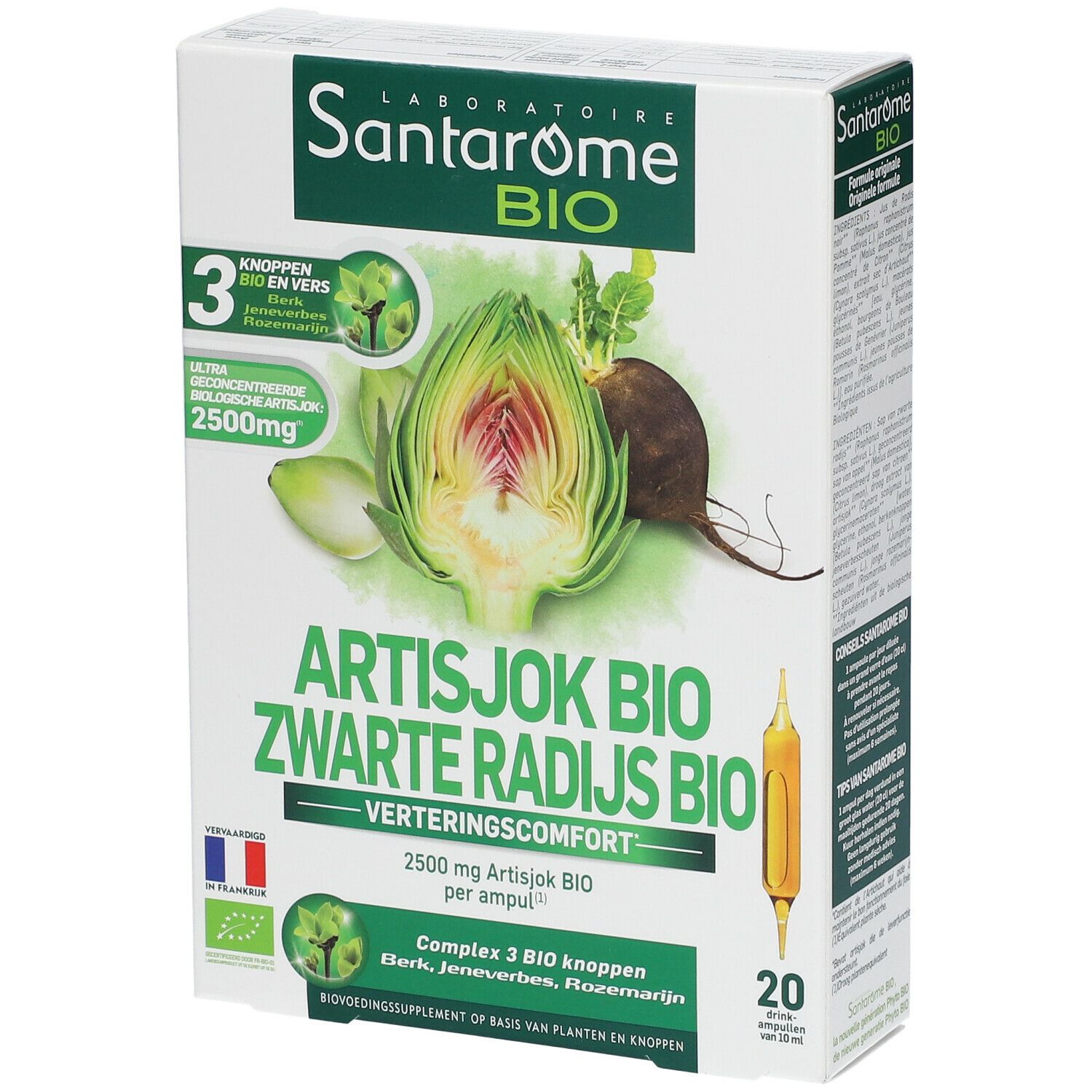 Verpakking Santarome Bio. Artisjok, Zwarte Radijs. 20 ampullen. Nederlandse tekst.
