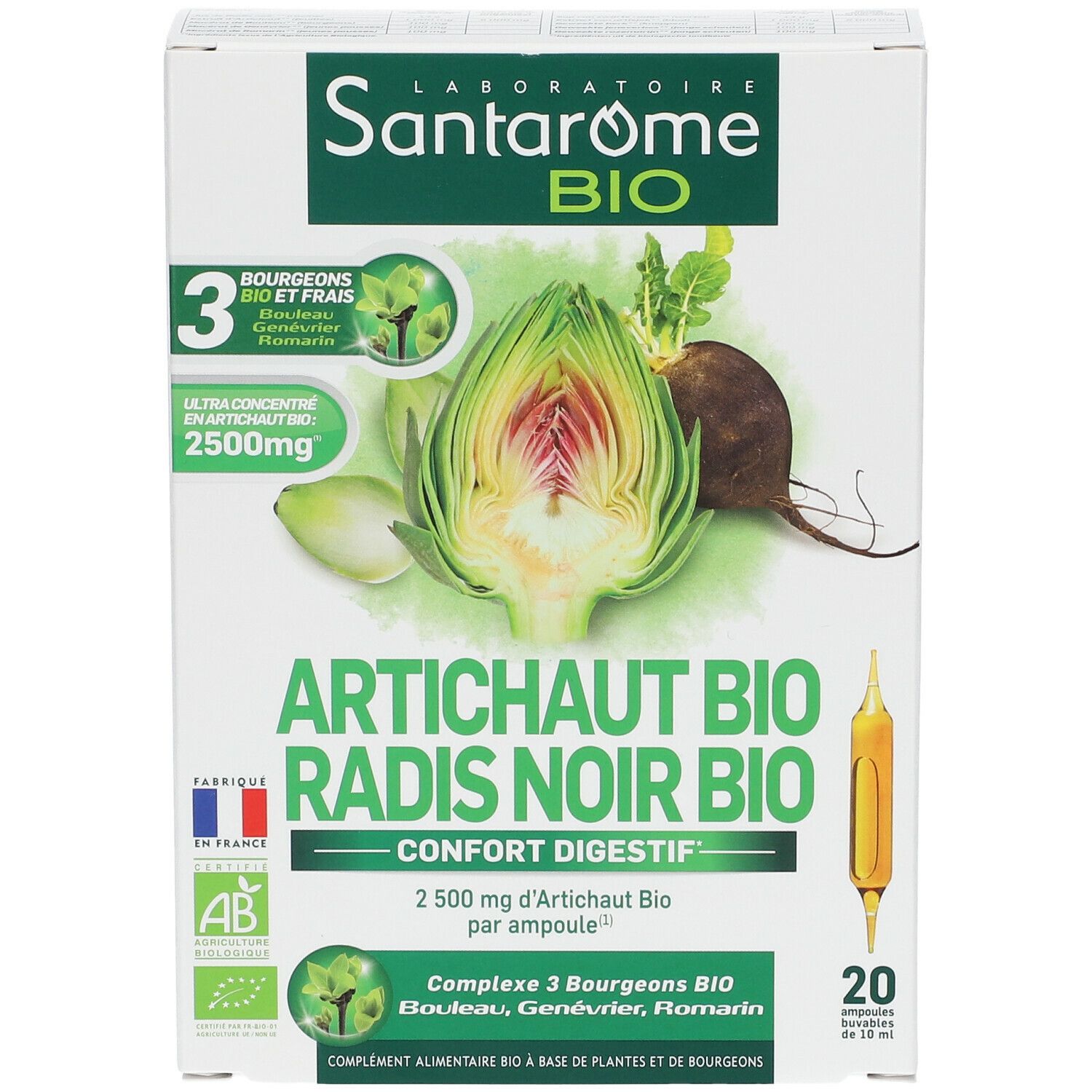 Verpakking Santarome Bio. Artisjok, Zwarte Radijs. 20 ampullen. AB Bio-label. Franse vlag.