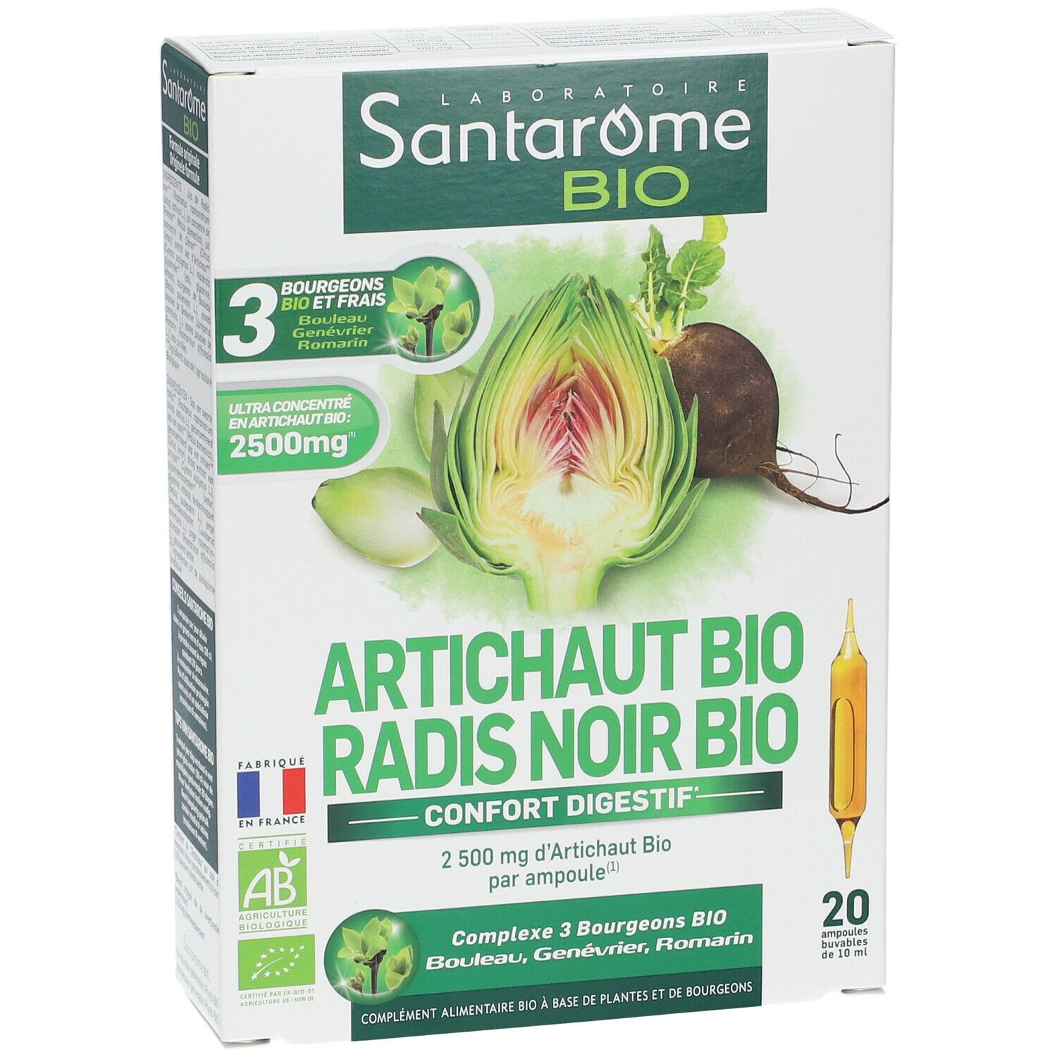 Verpakking Santarome Bio. Artisjok, Zwarte Radijs. 20 ampullen. AB Bio-label. Franse vlag.