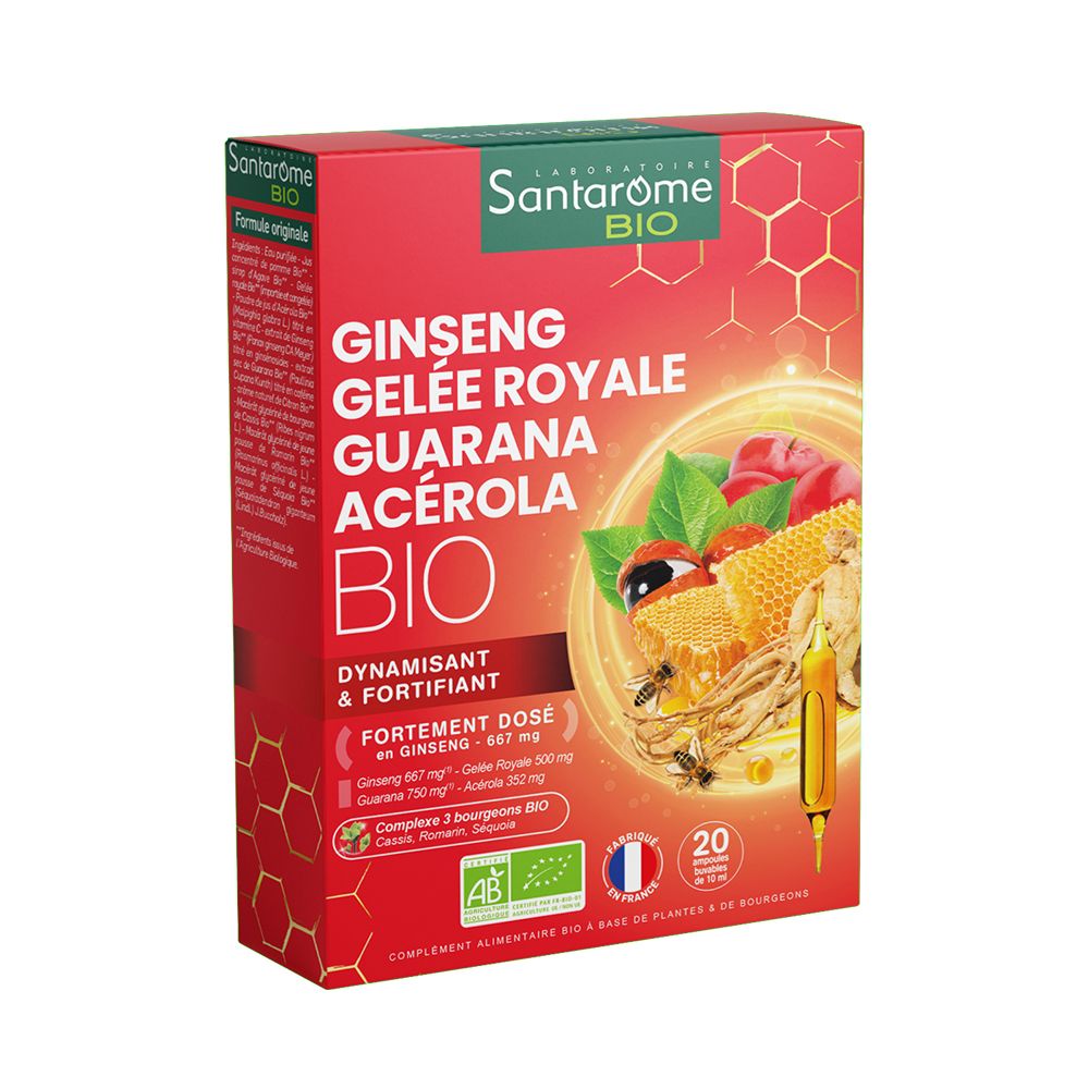 Rode doos Santarome BIO. Bevat Ginseng, Gelée Royale, Guarana, Acerola. 20 ampullen. Bio-certificering.