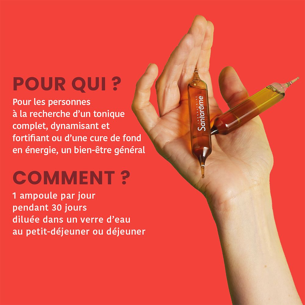 Hand houdt twee ampullen vast. Tekst: Voor wie? Voor energie. Hoe? 1 ampul per dag. Santarome BIO.