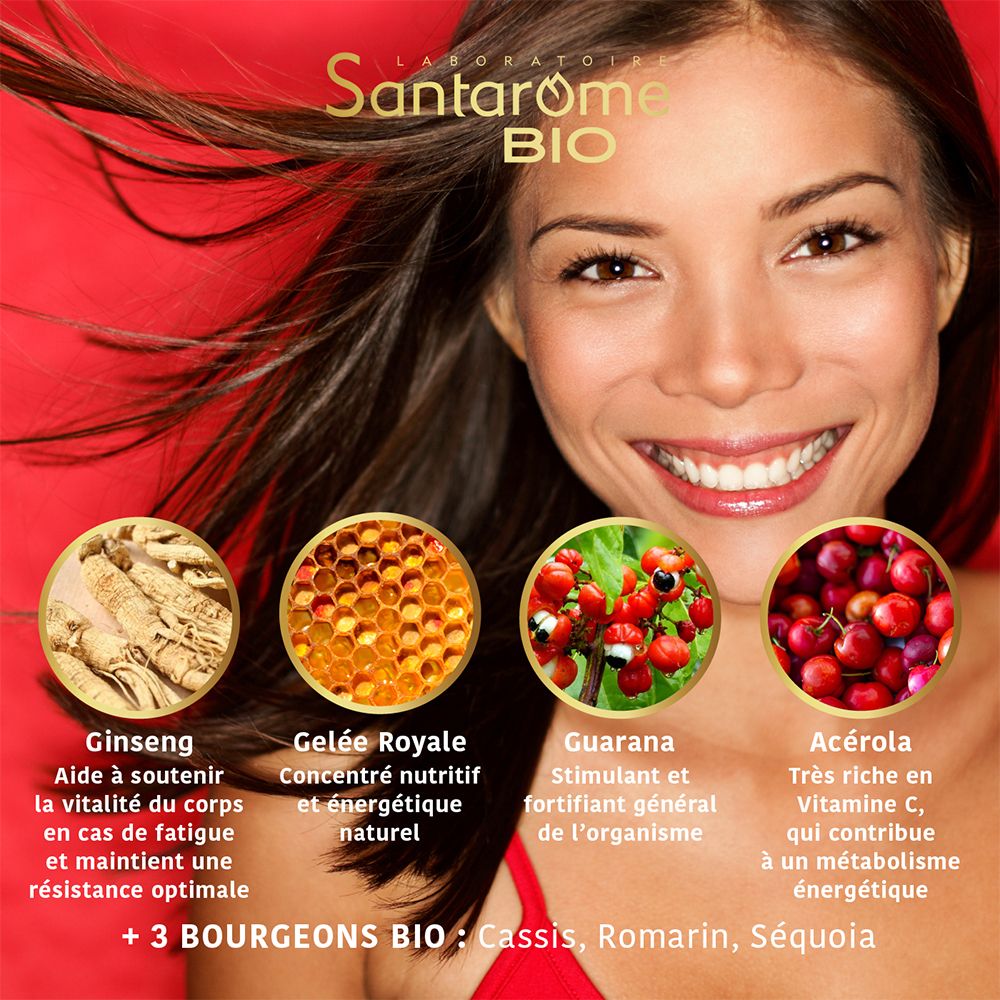Vrouw met productillustraties: Ginseng, Gelée Royale, Guarana, Acerola. Tekst: Santarome BIO. +3 BIO-knoppen.