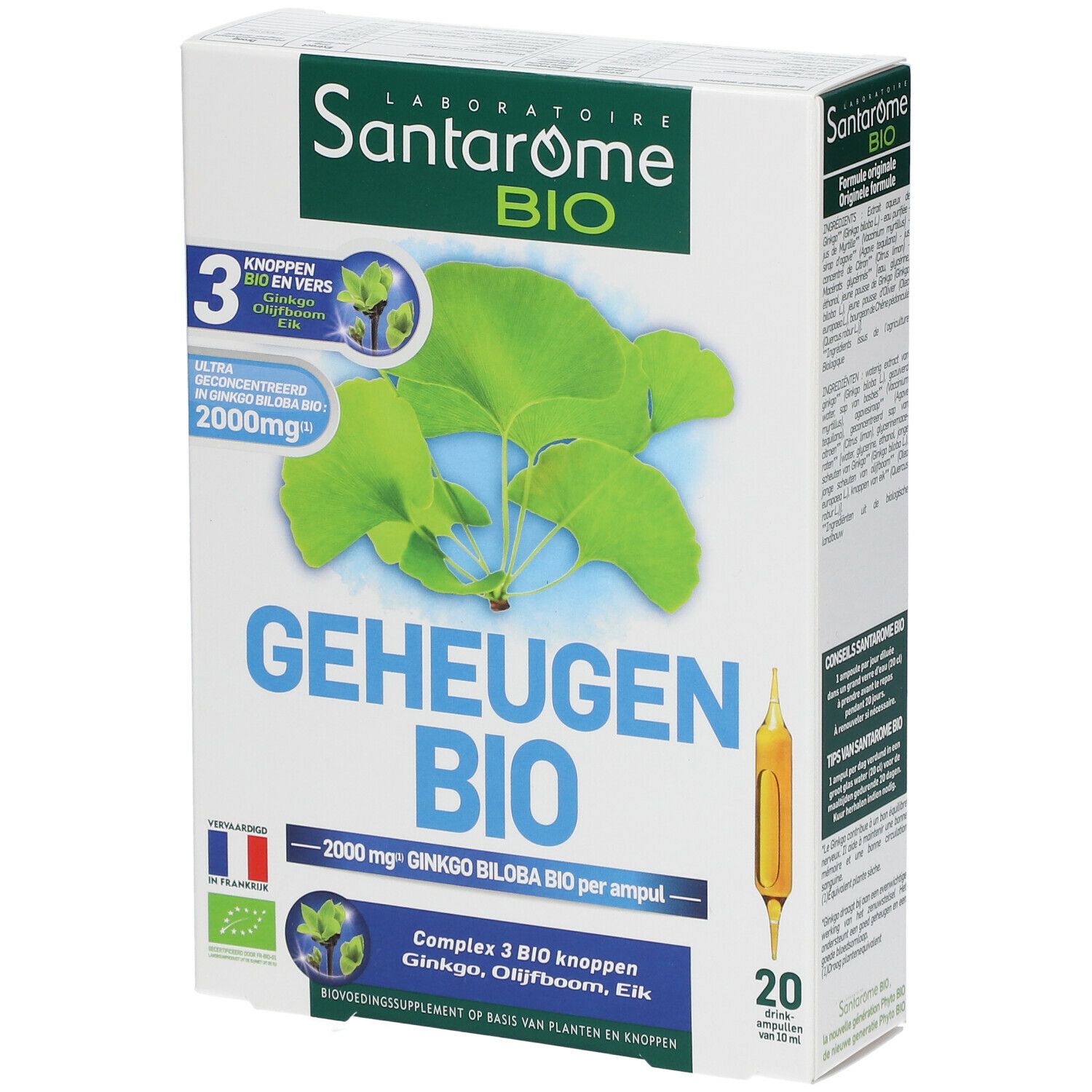 Doos Santarome Bio. Opschrift: Geheugen Bio, 2000 mg Ginkgo Biloba per ampul. Bevat 20 ampullen.