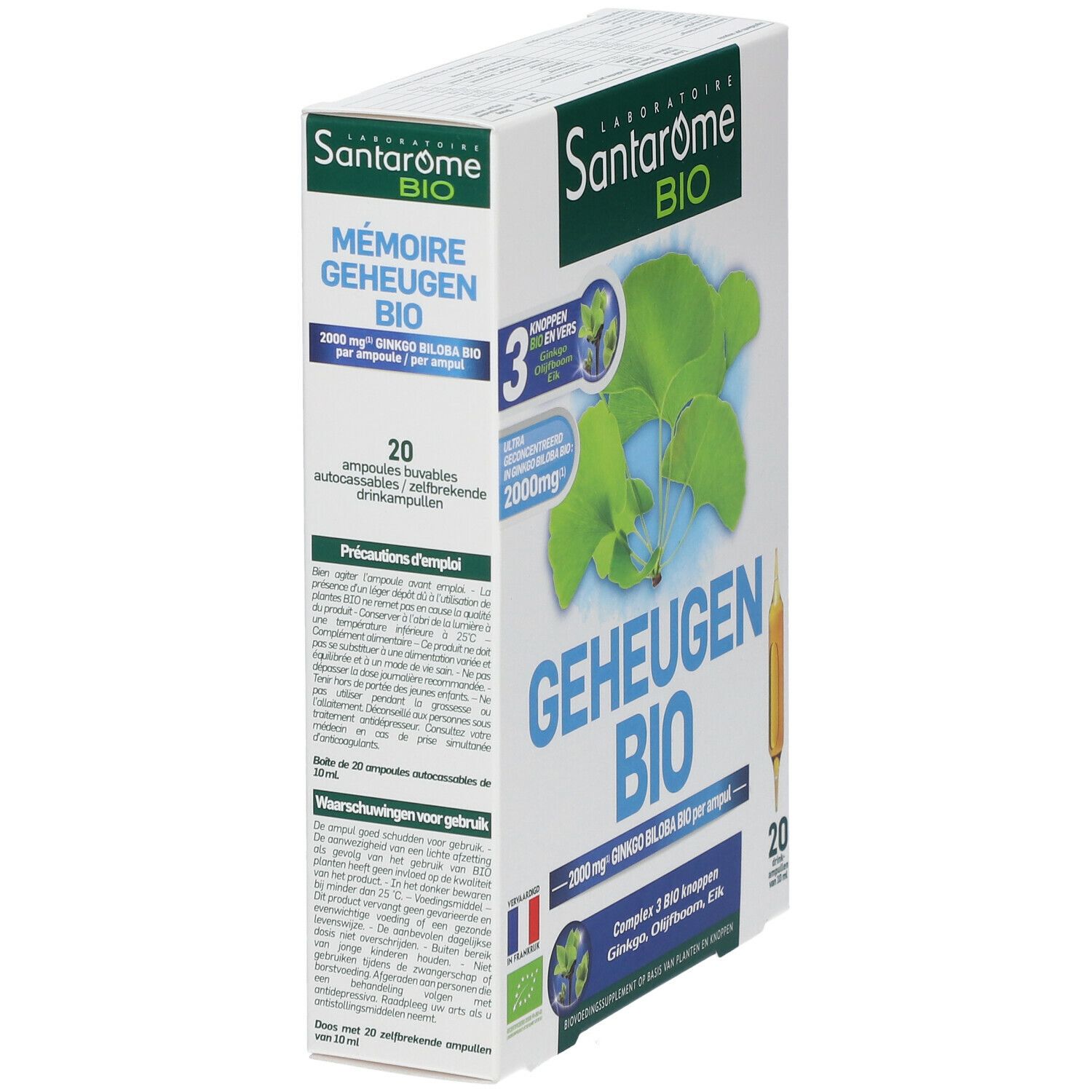 Santarome Bio doos, schuin. Opschrift: Mémoire Geheugen Bio, 2000 mg Ginkgo Biloba per ampul. Bevat 20 ampullen.