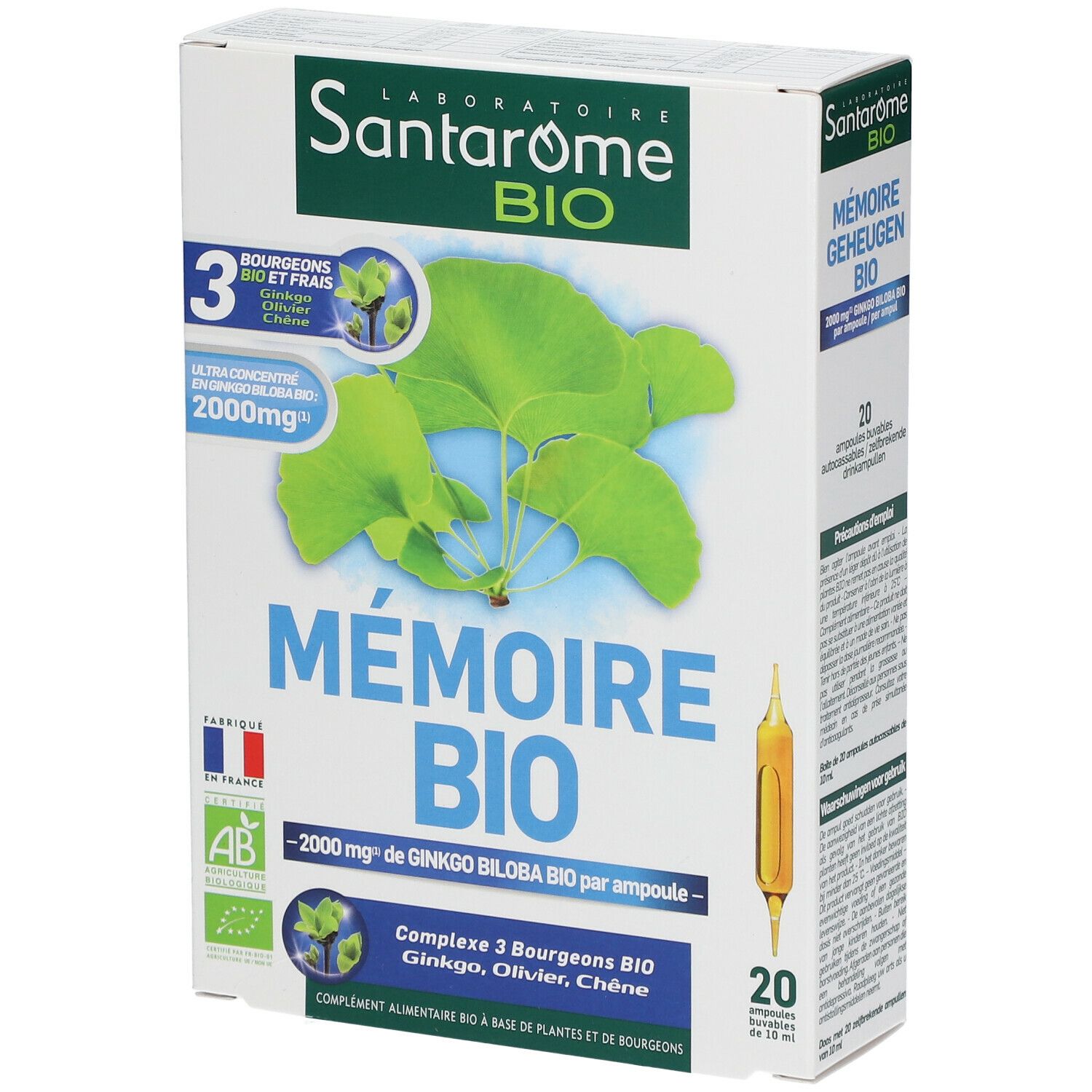 Santarome Bio doos. Opschrift: Mémoire Bio, 2000 mg Ginkgo Biloba per ampul. Bevat 20 ampullen. Met Bio label.