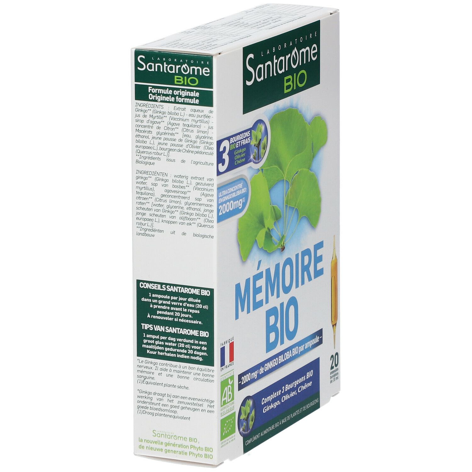Santarome Bio doos, schuin. Opschrift: Mémoire Bio, 2000 mg Ginkgo Biloba per ampul. Bevat 20 ampullen. Bio label.