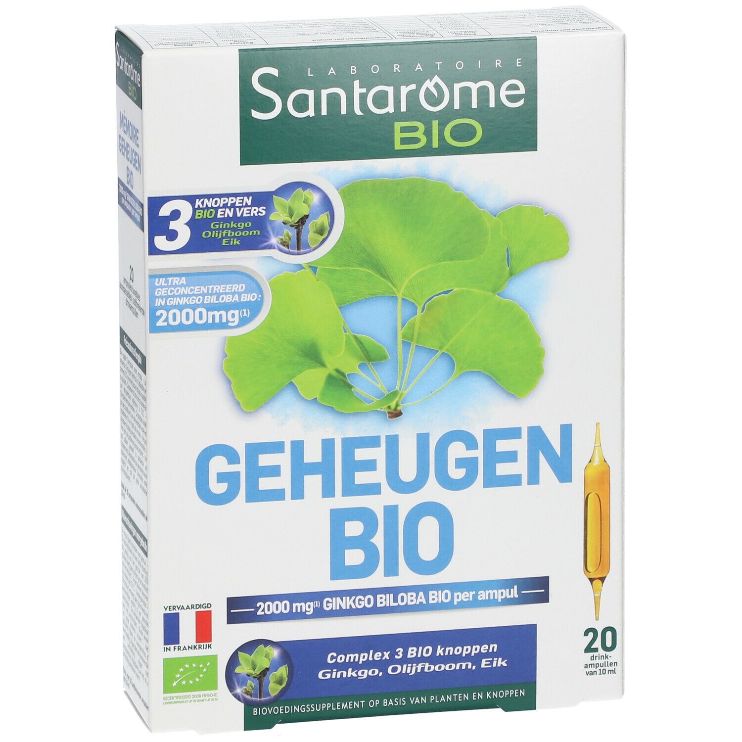 Santarome Bio doos. Opschrift: Geheugen Bio, 2000 mg Ginkgo Biloba per ampul. Bevat 20 ampullen. Bio label.