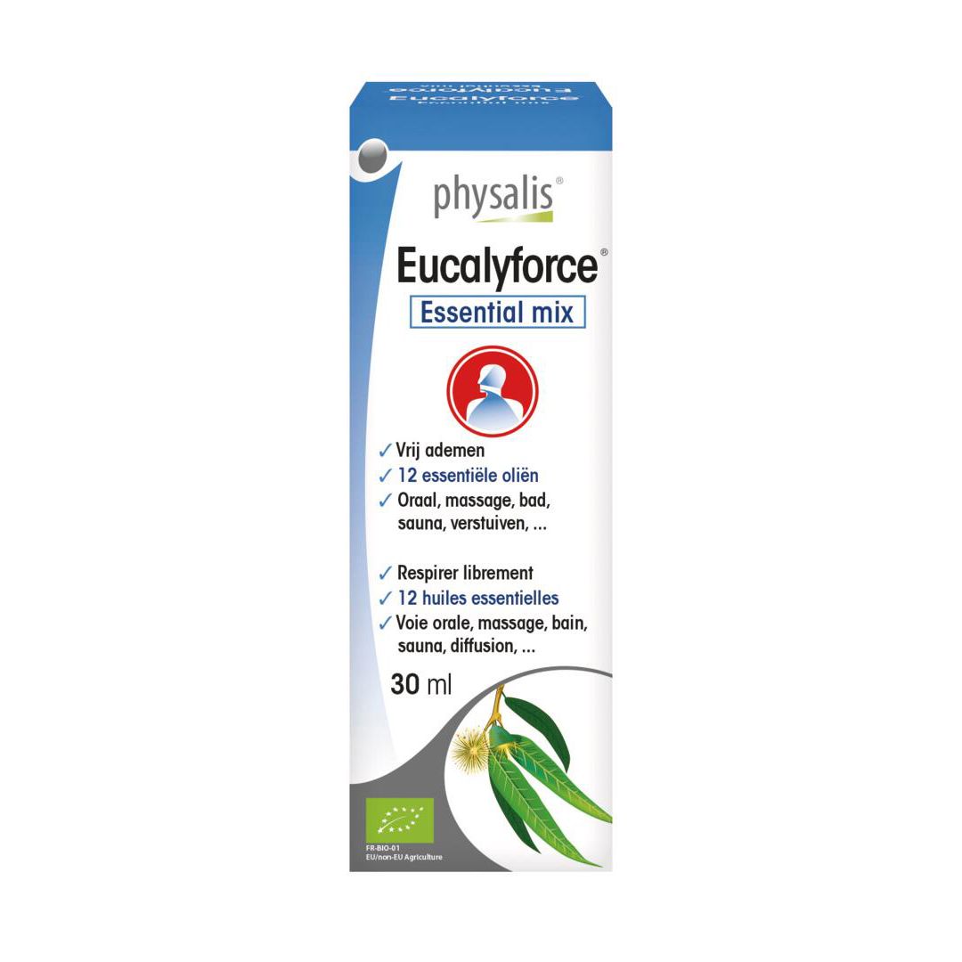 Emballage du produit avec flacon et boîte. Inscription : physalis Eucalyforce Essential mix. Avec label bio.