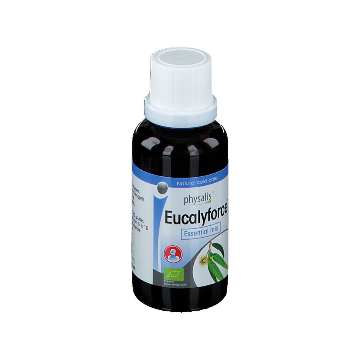 Flacon en verre foncé, bouchon blanc. Inscription : physalis Eucalyforce Essential mix. Avec label bio.