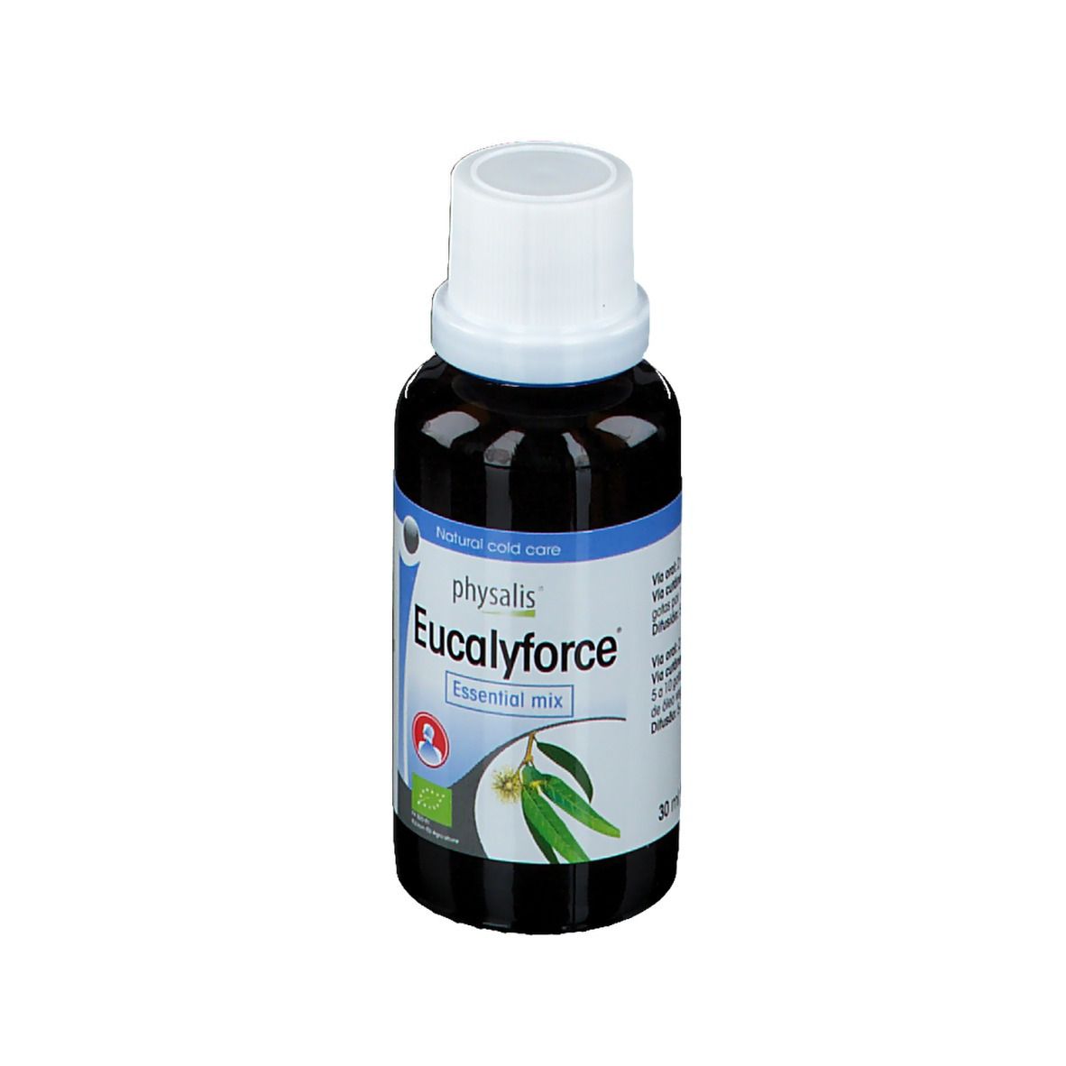 Flacon en verre foncé, bouchon blanc. Inscription : physalis Eucalyforce Essential mix. Avec label bio.