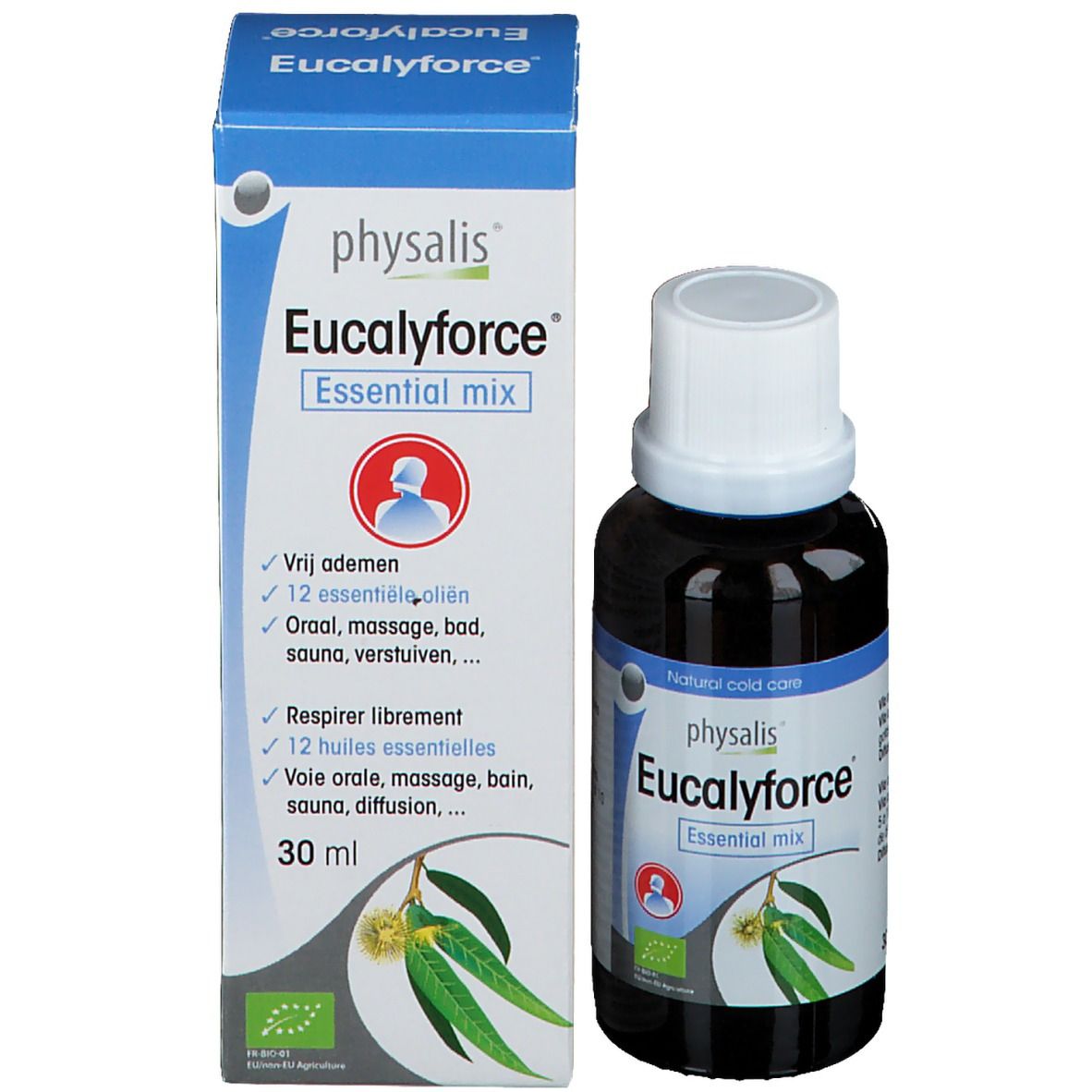 Emballage du produit avec flacon et boîte. Inscription : physalis Eucalyforce Essential mix. Avec label bio.