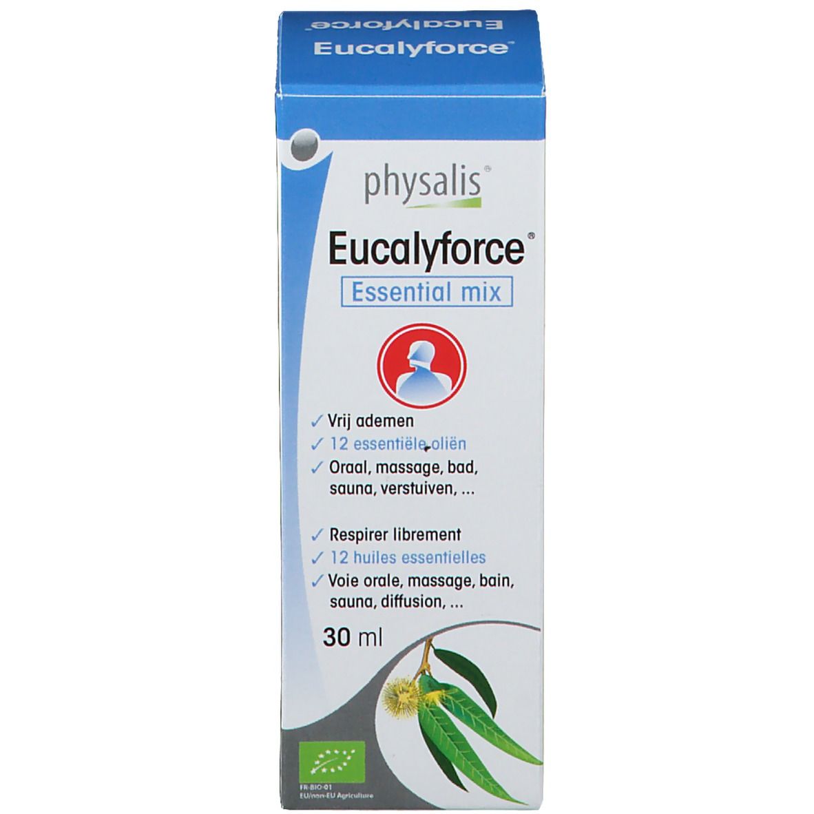 Emballage du produit avec flacon et boîte. Inscription : physalis Eucalyforce Essential mix. Avec label bio.