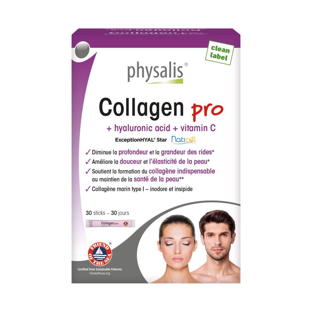 Boîte de Physalis Collagen Pro. Contient acide hyaluronique et vitamine C. 30 sticks. Certification Friend of the Sea.