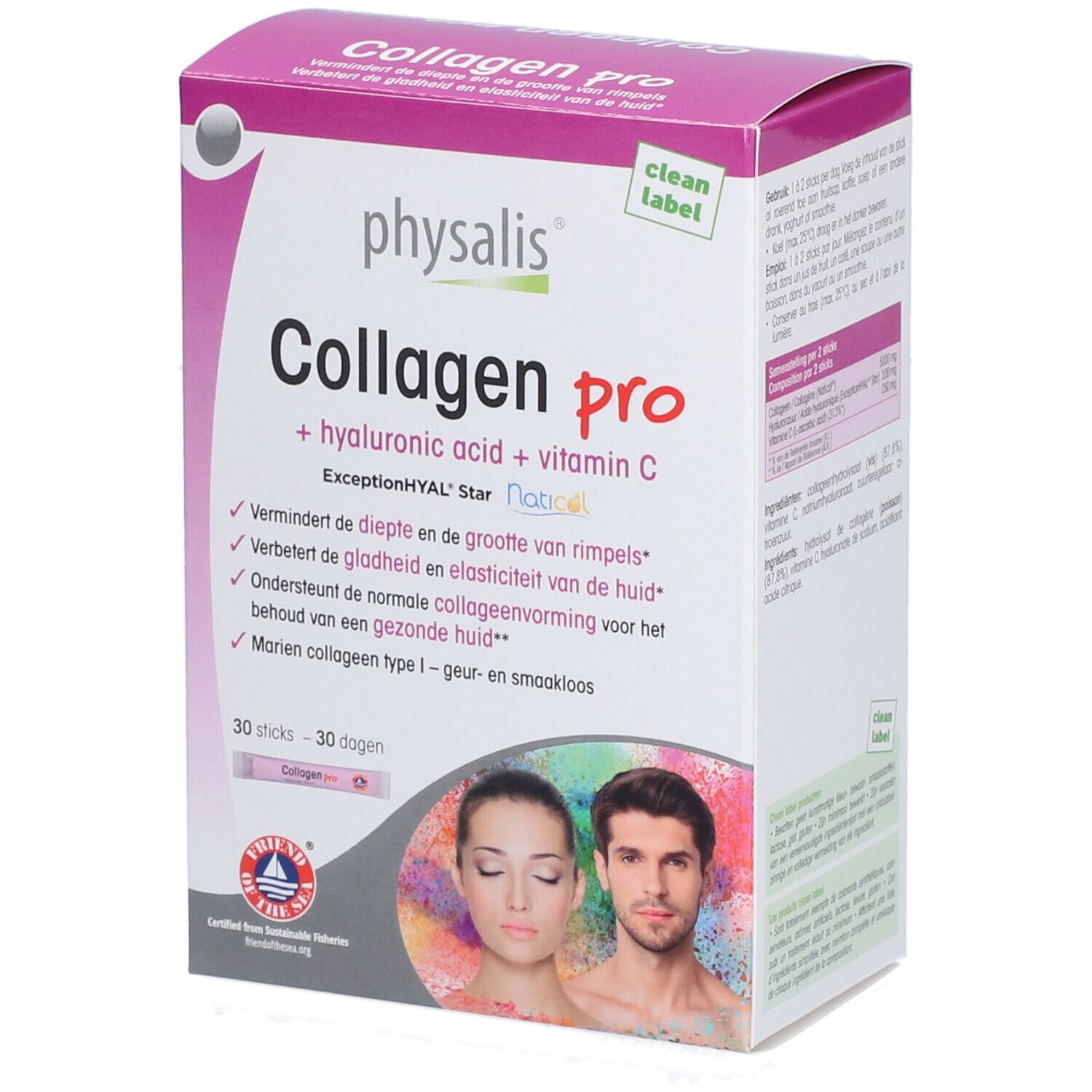 Boîte de Physalis Collagen Pro. Contient acide hyaluronique et vitamine C. 30 sticks. Certification Friend of the Sea.