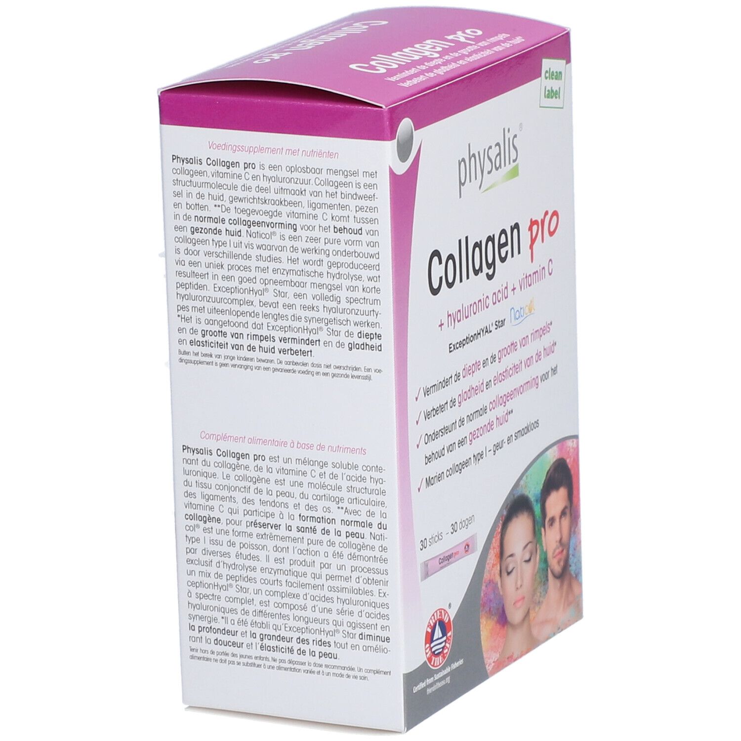 Vue oblique de l'emballage Physalis Collagen Pro. Contient acide hyaluronique et vitamine C. Texte sur l'emballage.