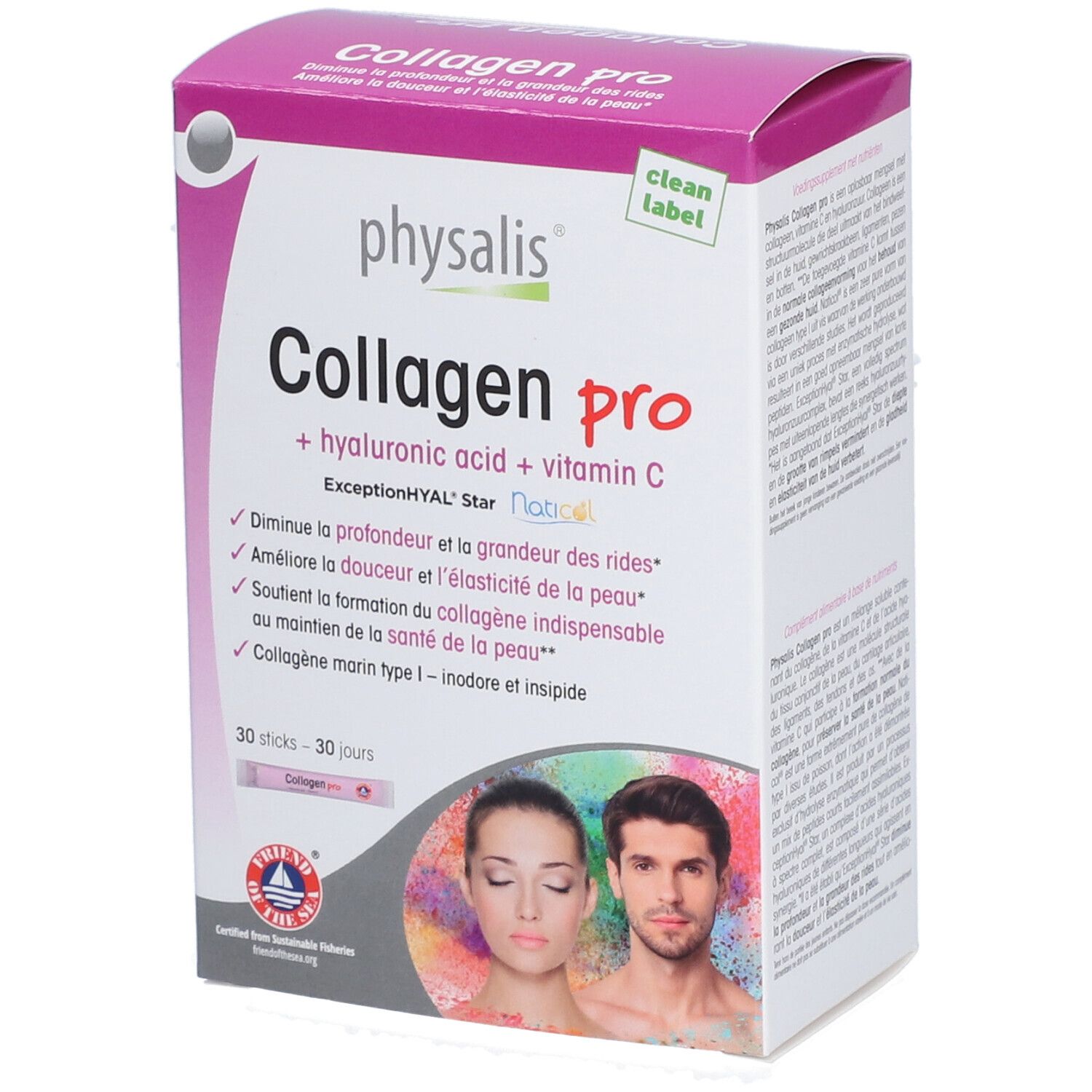 Boîte de Physalis Collagen Pro. Contient acide hyaluronique et vitamine C. 30 sticks. Certification Friend of the Sea.