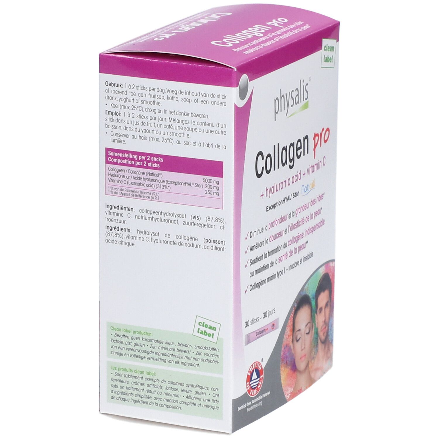 Vue oblique de l'emballage Physalis Collagen Pro. Contient acide hyaluronique et vitamine C. Texte sur l'emballage.