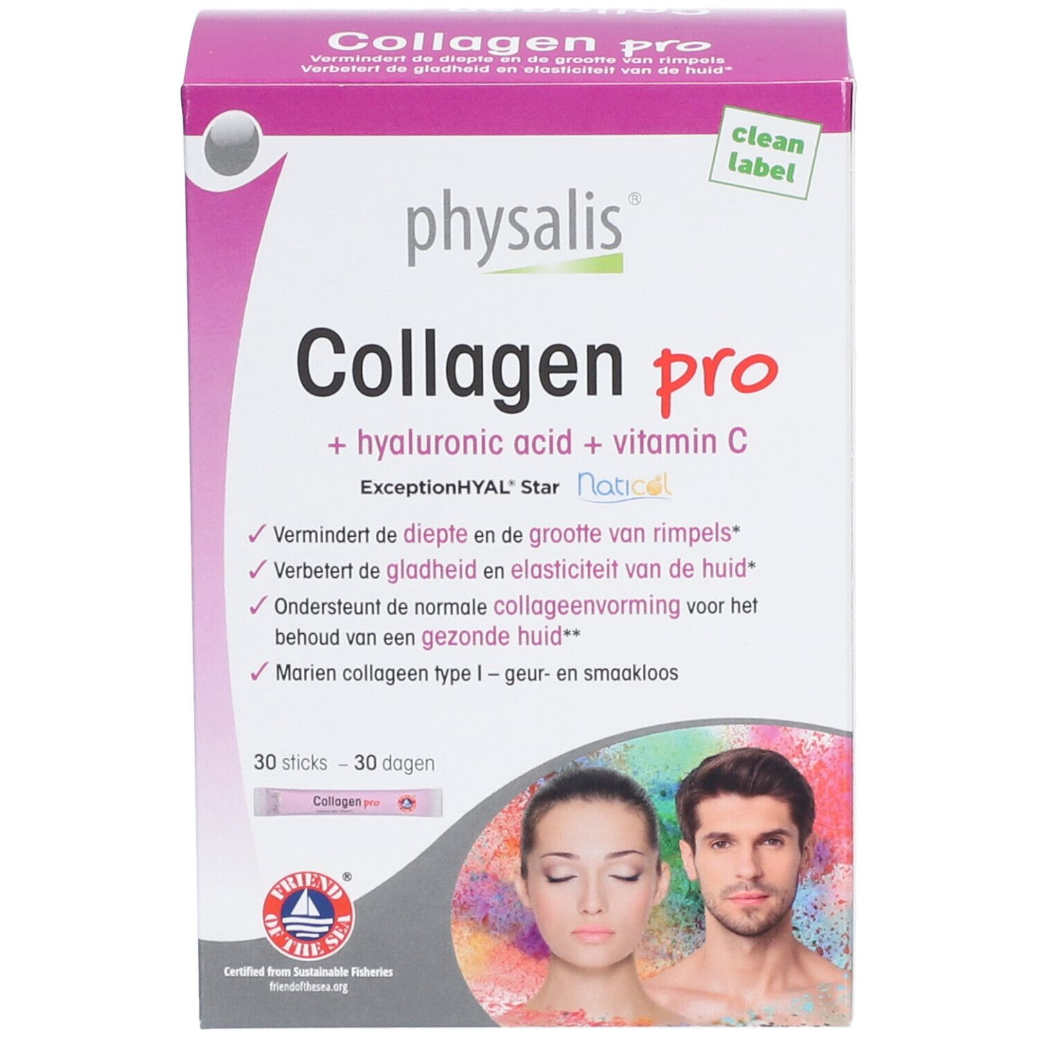 Boîte de Physalis Collagen Pro. Contient acide hyaluronique et vitamine C. 30 sticks. Certification Friend of the Sea.