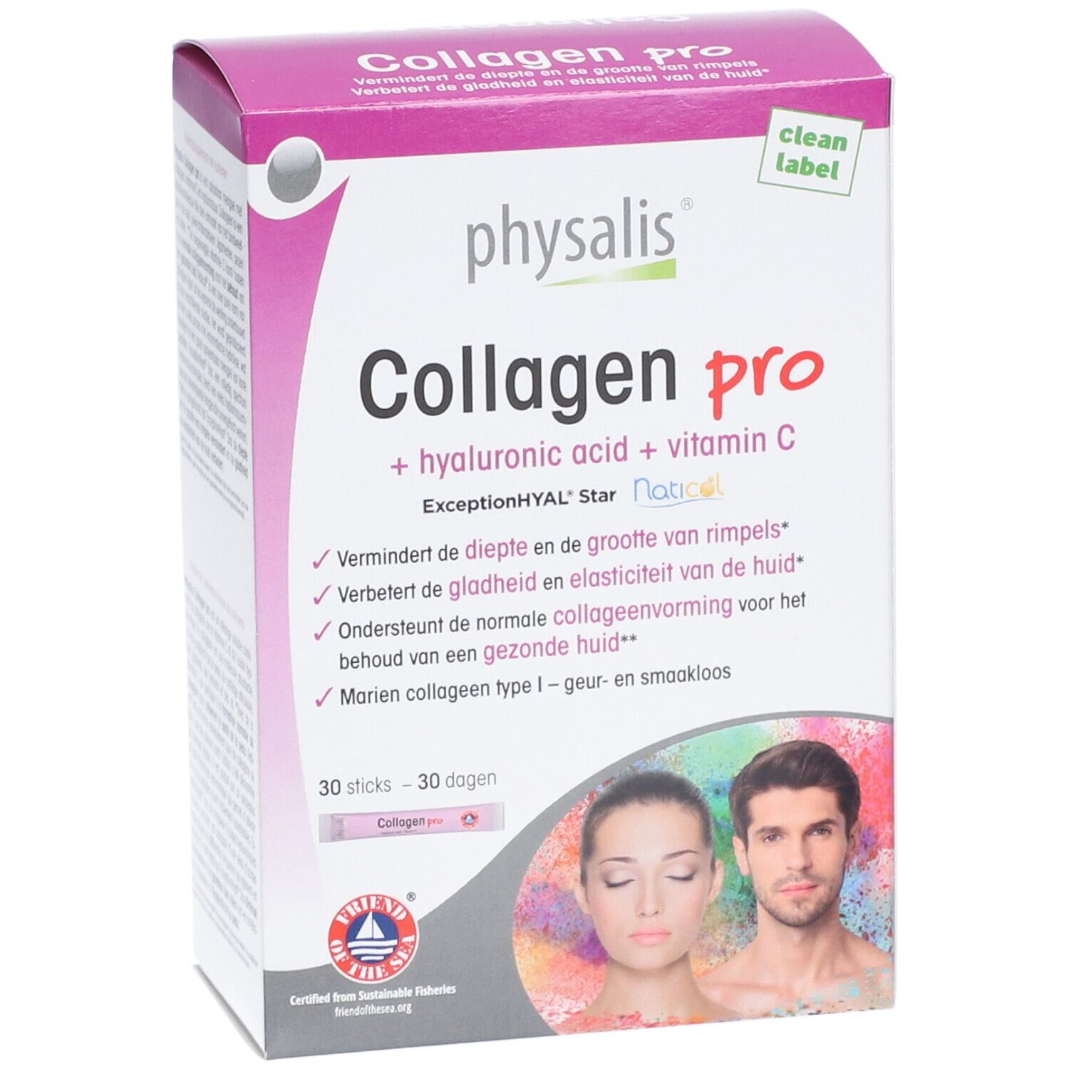 Boîte de Physalis Collagen Pro. Contient acide hyaluronique et vitamine C. 30 sticks. Certification Friend of the Sea.