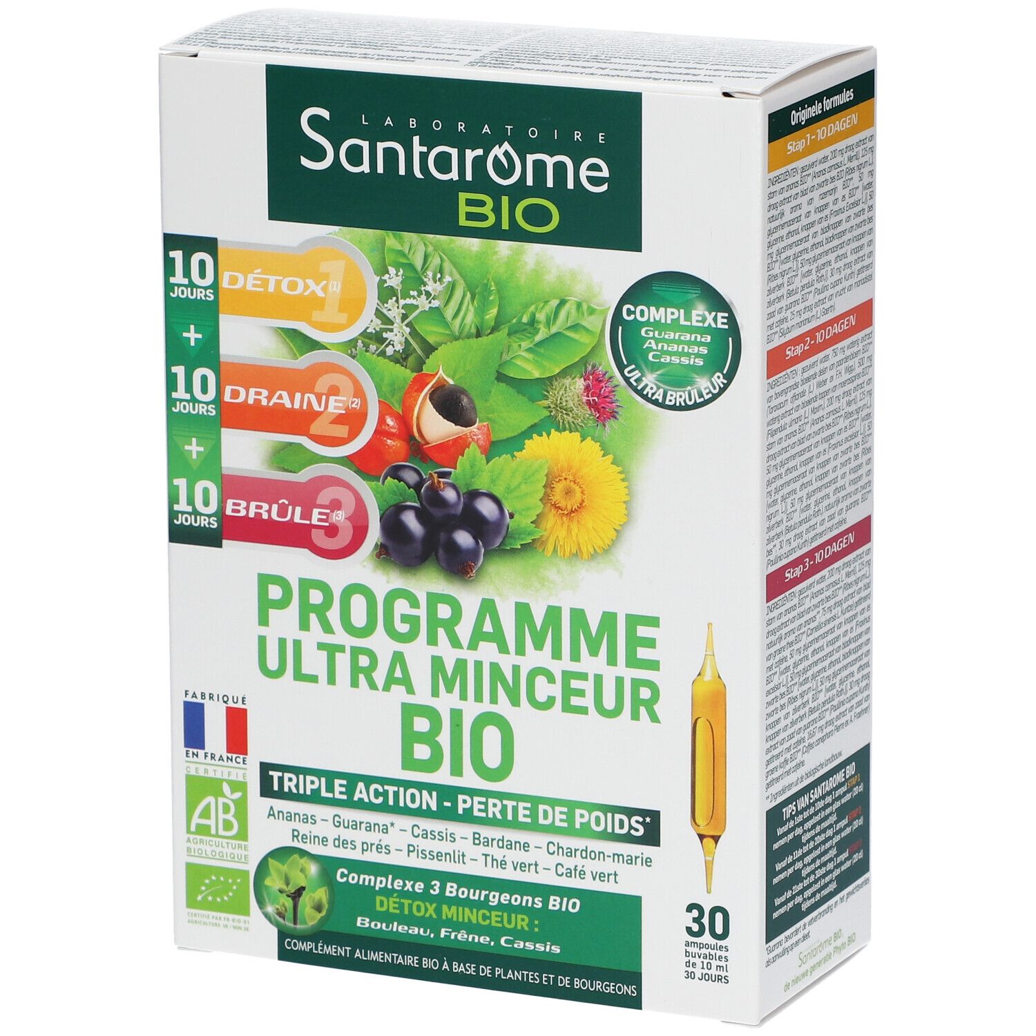 Doos SANTAROME Bio. Opschrift: 10 dagen Detox, 10 dagen Drain, 10 dagen Brûlé. 30 ampullen. AB Bio-label.