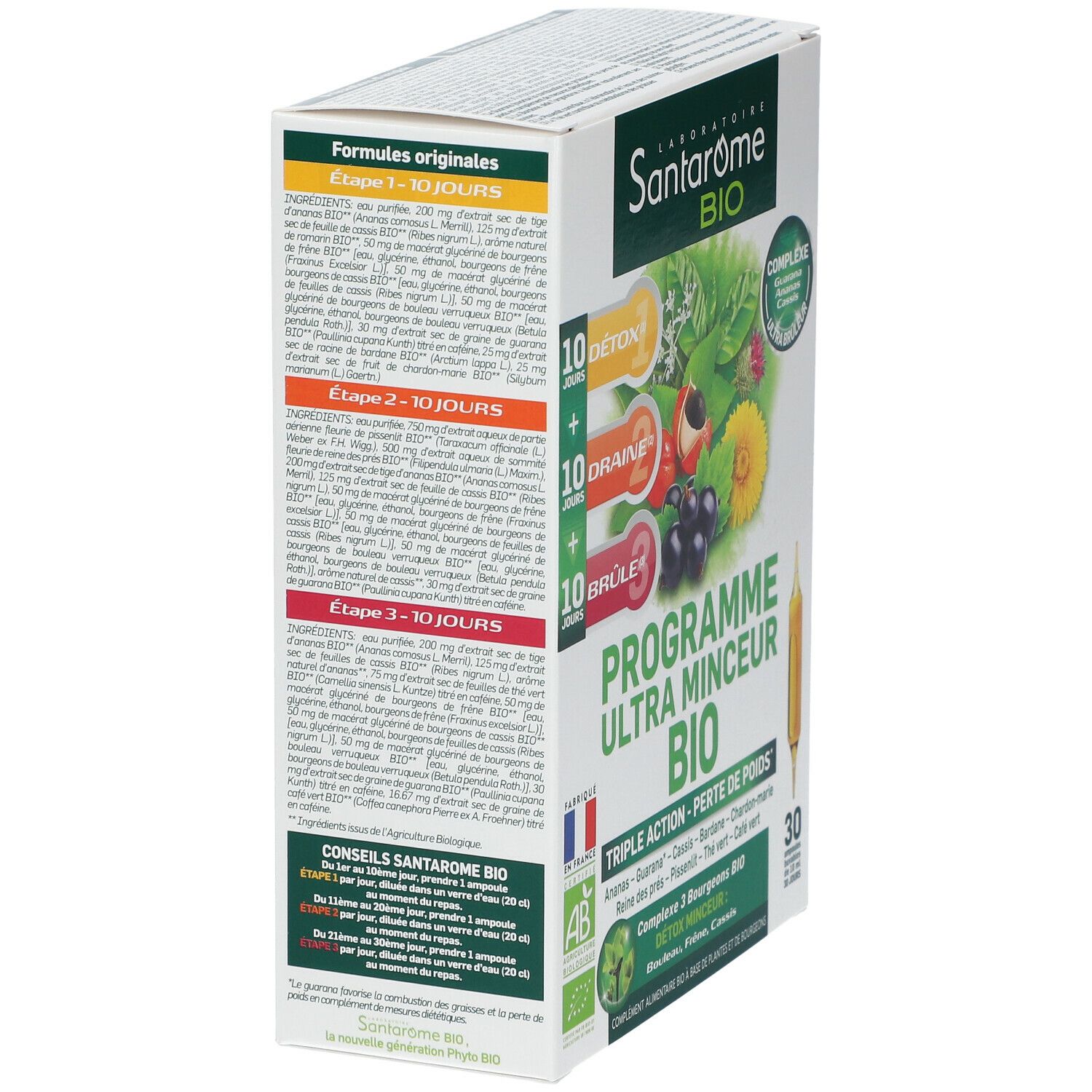 SANTAROME Bio doos, zijaanzicht. Opschrift: 10 dagen Detox, 10 dagen Drain, 10 dagen Brûlé. 30 ampullen. AB Bio-label.