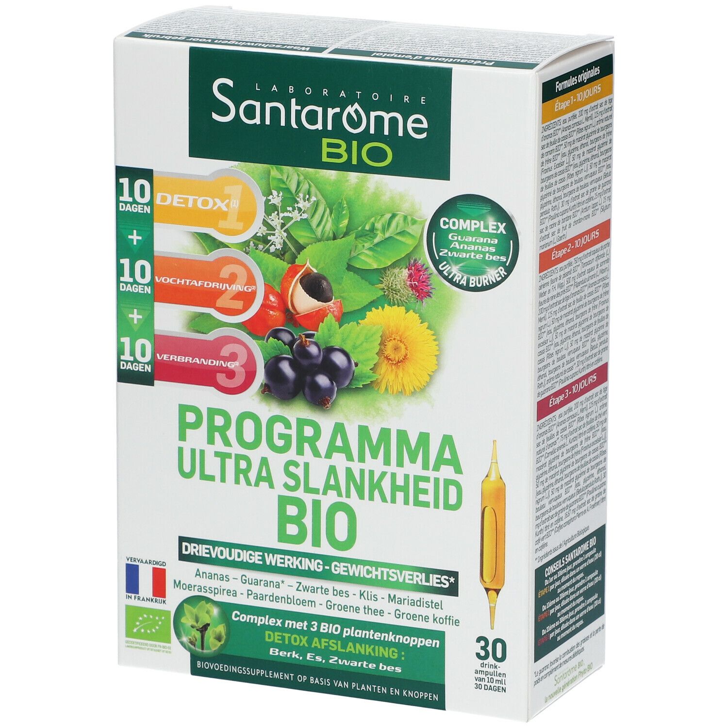 SANTAROME Bio doos. Opschrift: 10 dagen Detox, 10 dagen Vochtafdrijving, 10 dagen Verbranding. 30 ampullen. AB Bio-label.