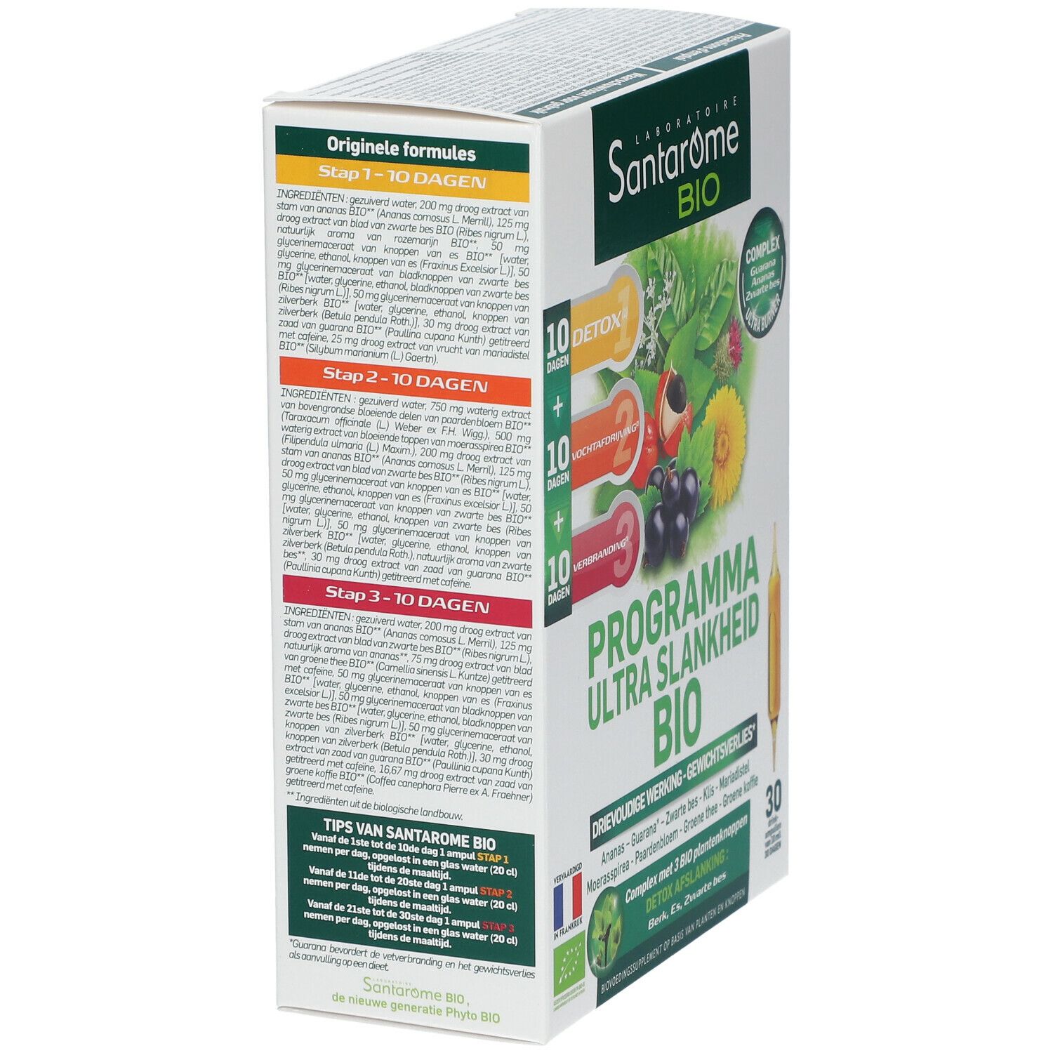 SANTAROME Bio doos, zijaanzicht. Opschrift: 10 dagen Detox, 10 dagen Vochtafdrijving, 10 dagen Verbranding. 30 ampullen. AB Bio-label.