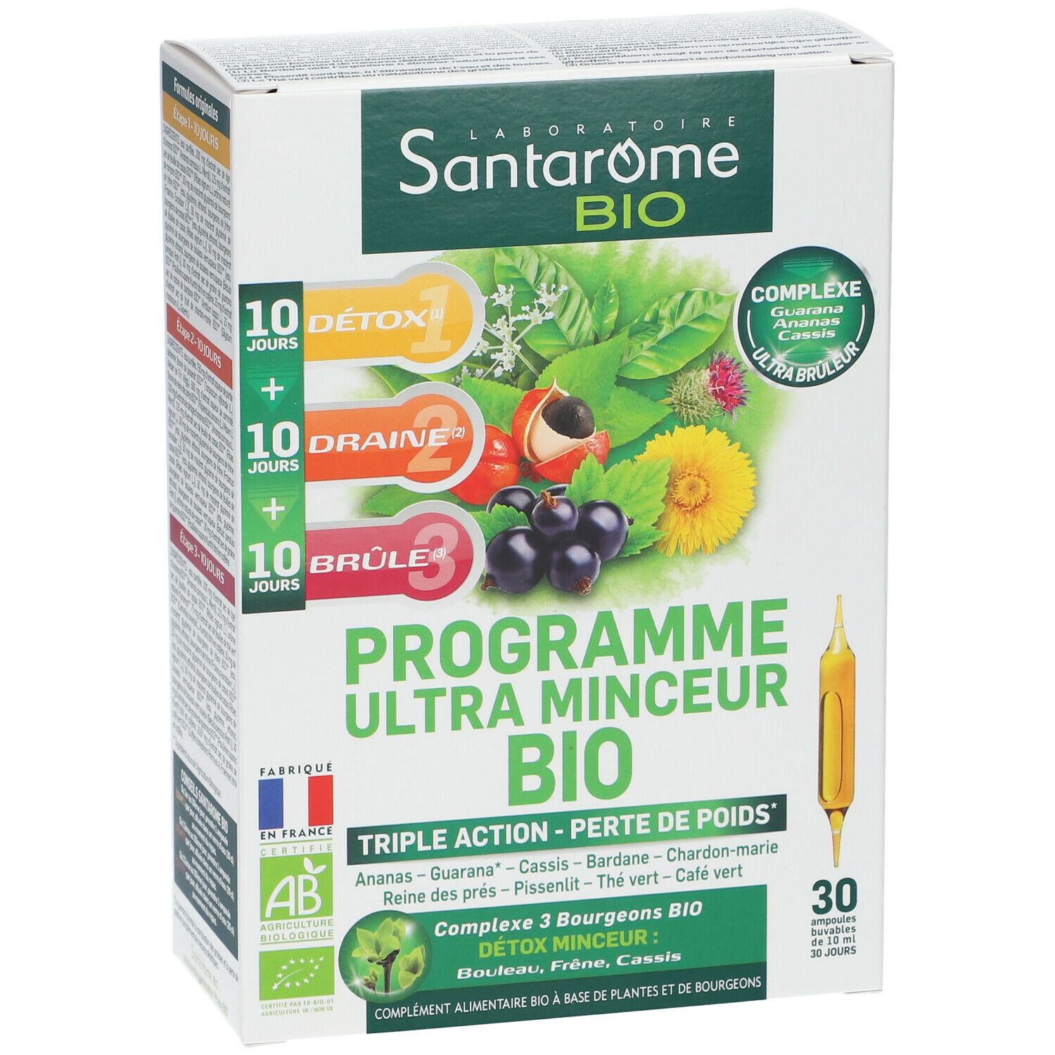 Doos SANTAROME Bio. Opschrift: 10 dagen Detox, 10 dagen Drain, 10 dagen Brûlé. 30 ampullen. AB Bio-label.