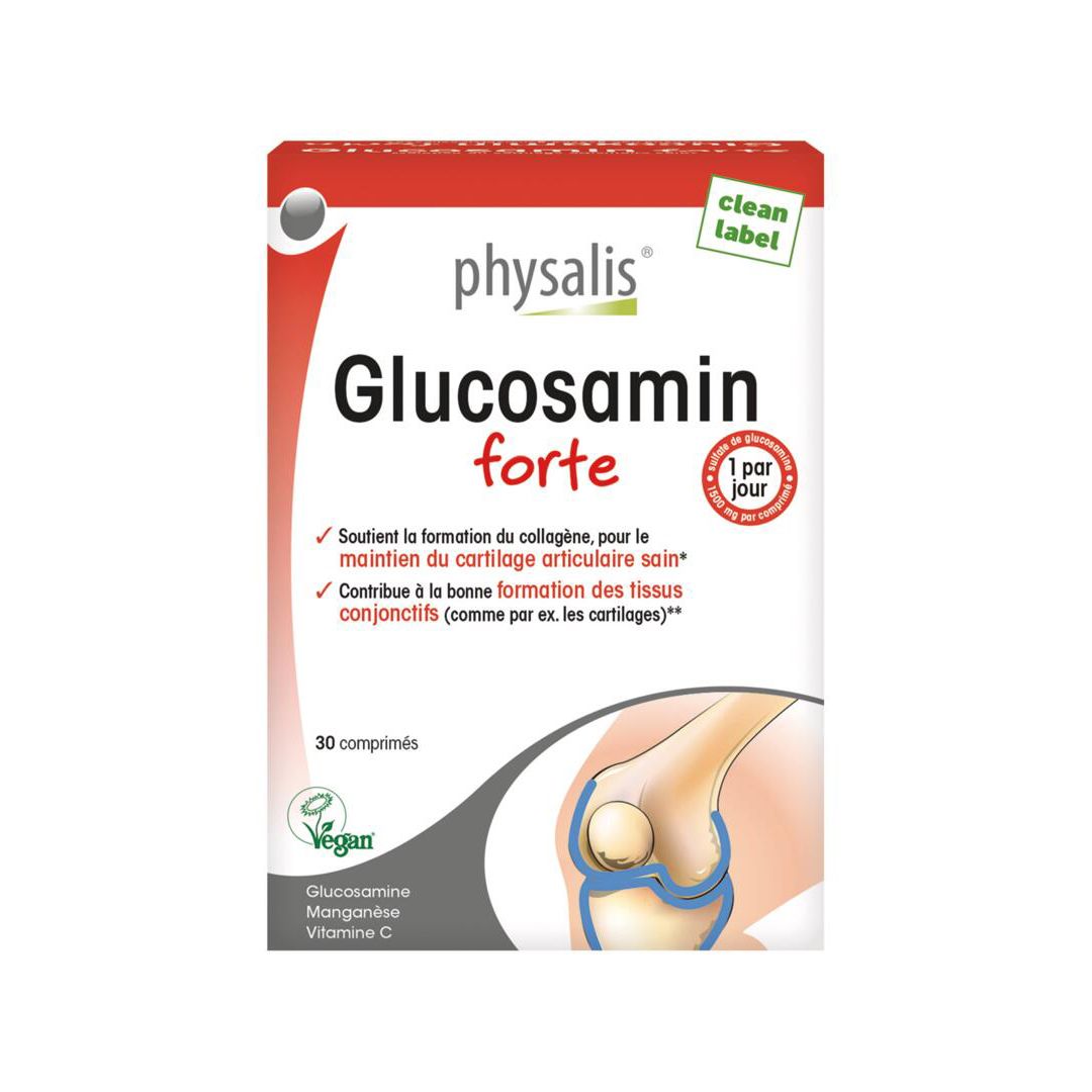 Boîte "Glucosamin forte". Contient 30 comprimés. Logo végan. Illustration d'une articulation du genou. Texte en français.