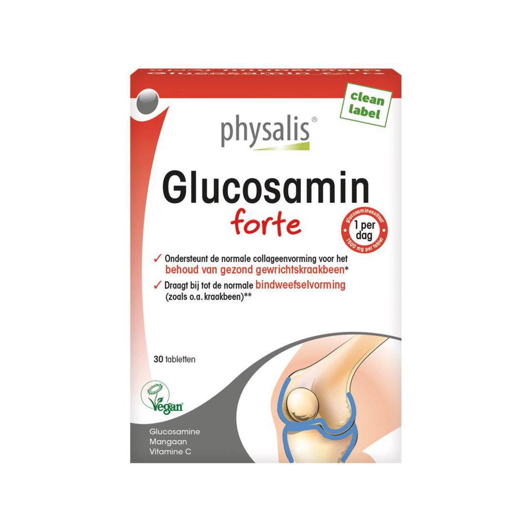 Doos "Glucosamin forte". Bevat 30 tabletten. Vegan logo. Illustratie van een kniegewricht. Tekst in het Nederlands.