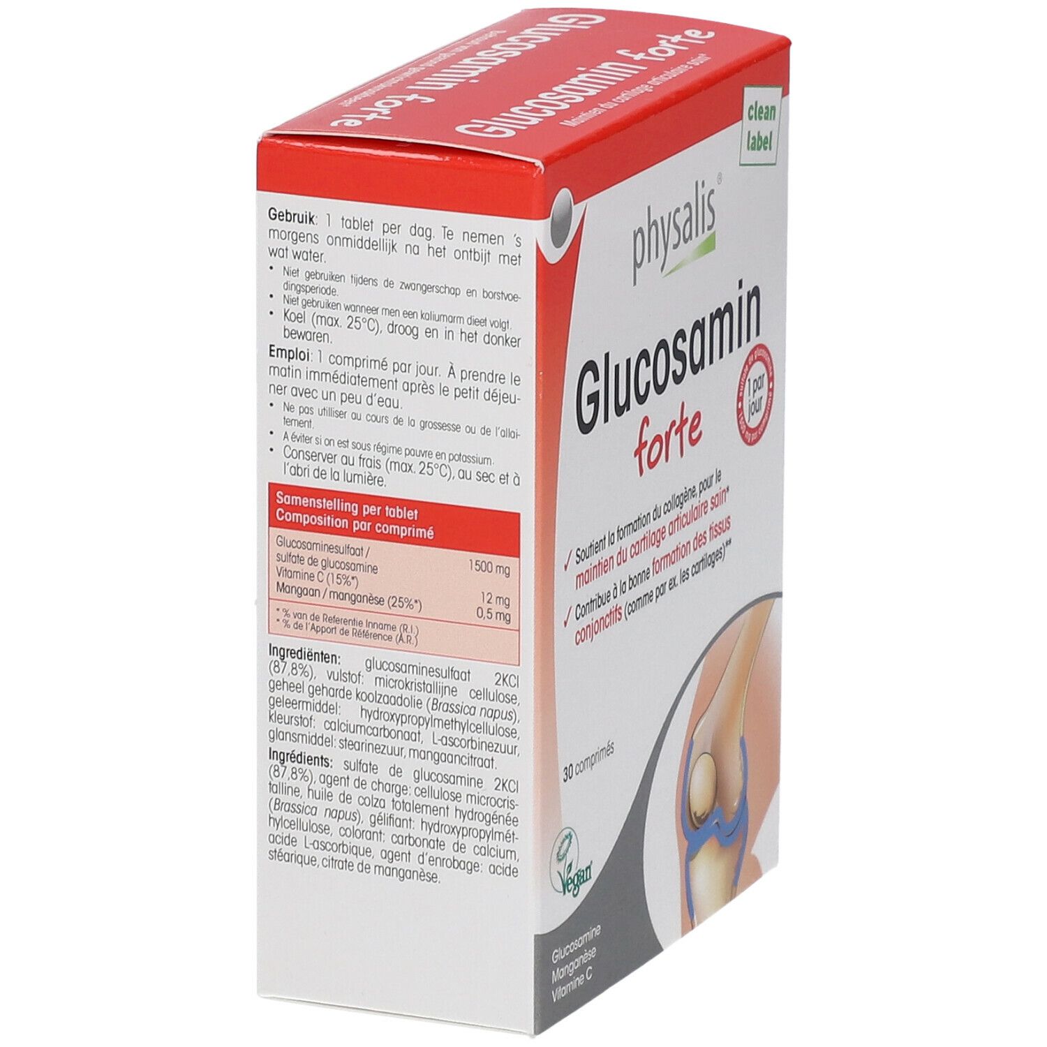 Boîte "Glucosamin forte". Contient 30 comprimés. Logo végan. Illustration d'une articulation du genou. Texte en néerlandais.