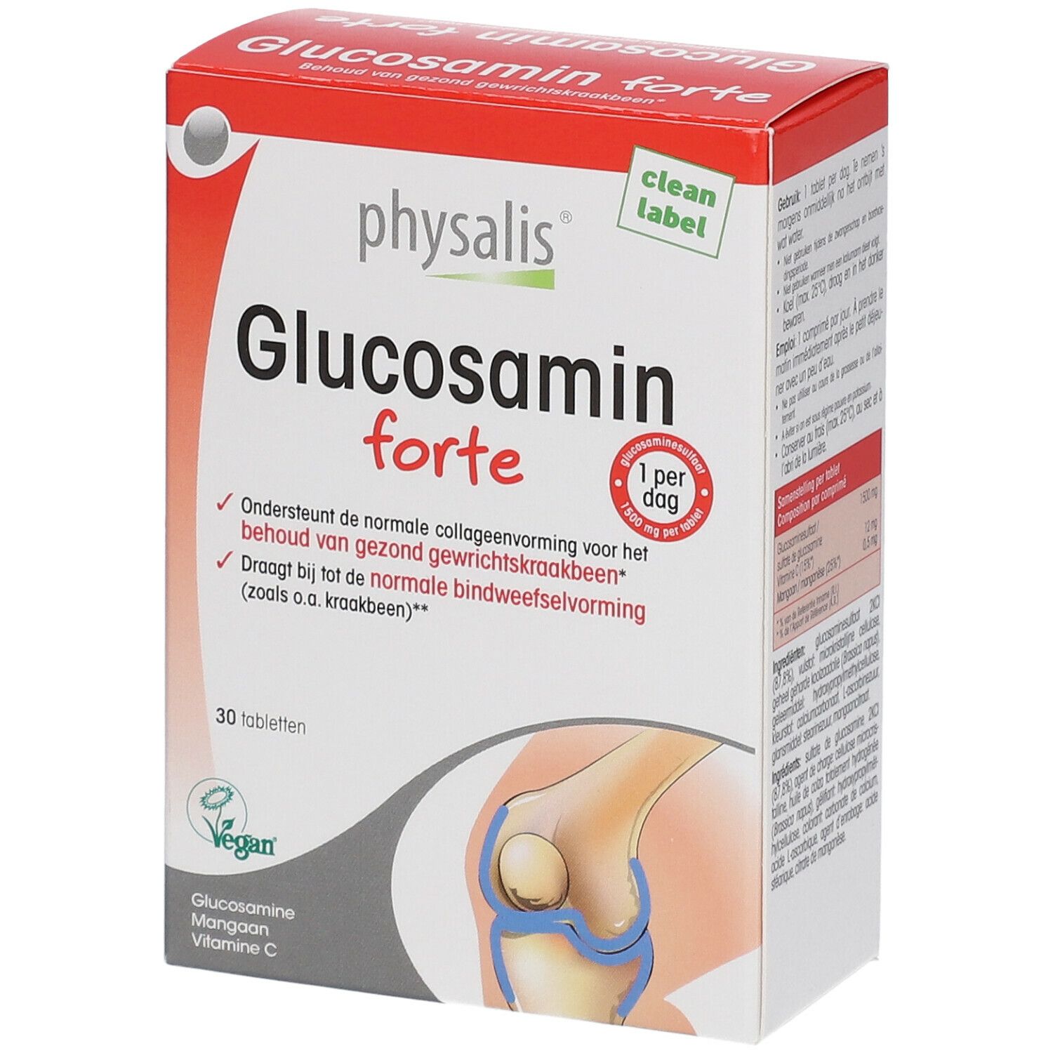 Boîte "Glucosamin forte". Contient 30 comprimés. Logo végan. Illustration d'une articulation du genou. Texte en néerlandais.