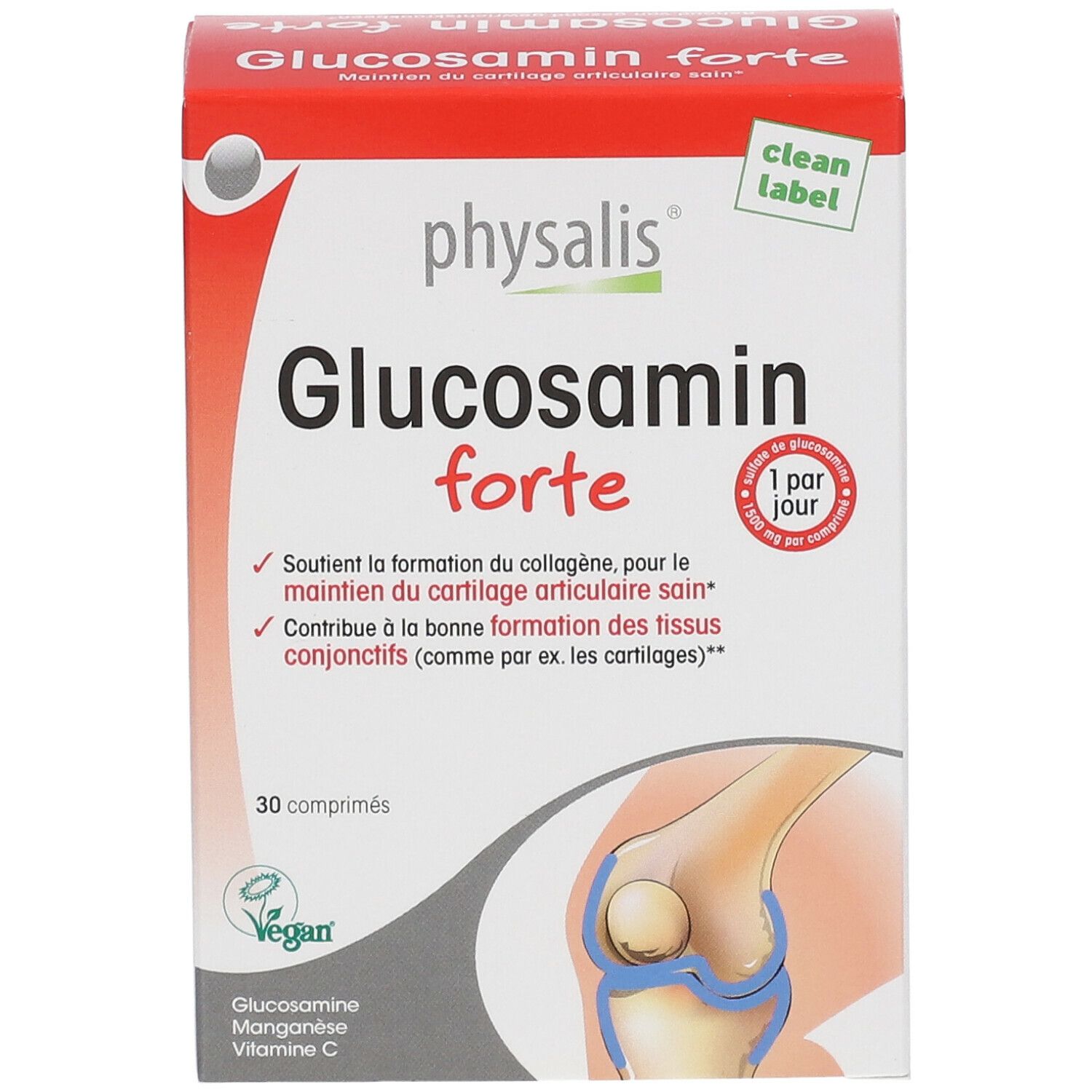 Boîte "Glucosamin forte". Contient 30 comprimés. Logo végan. Illustration d'une articulation du genou. Texte en français.