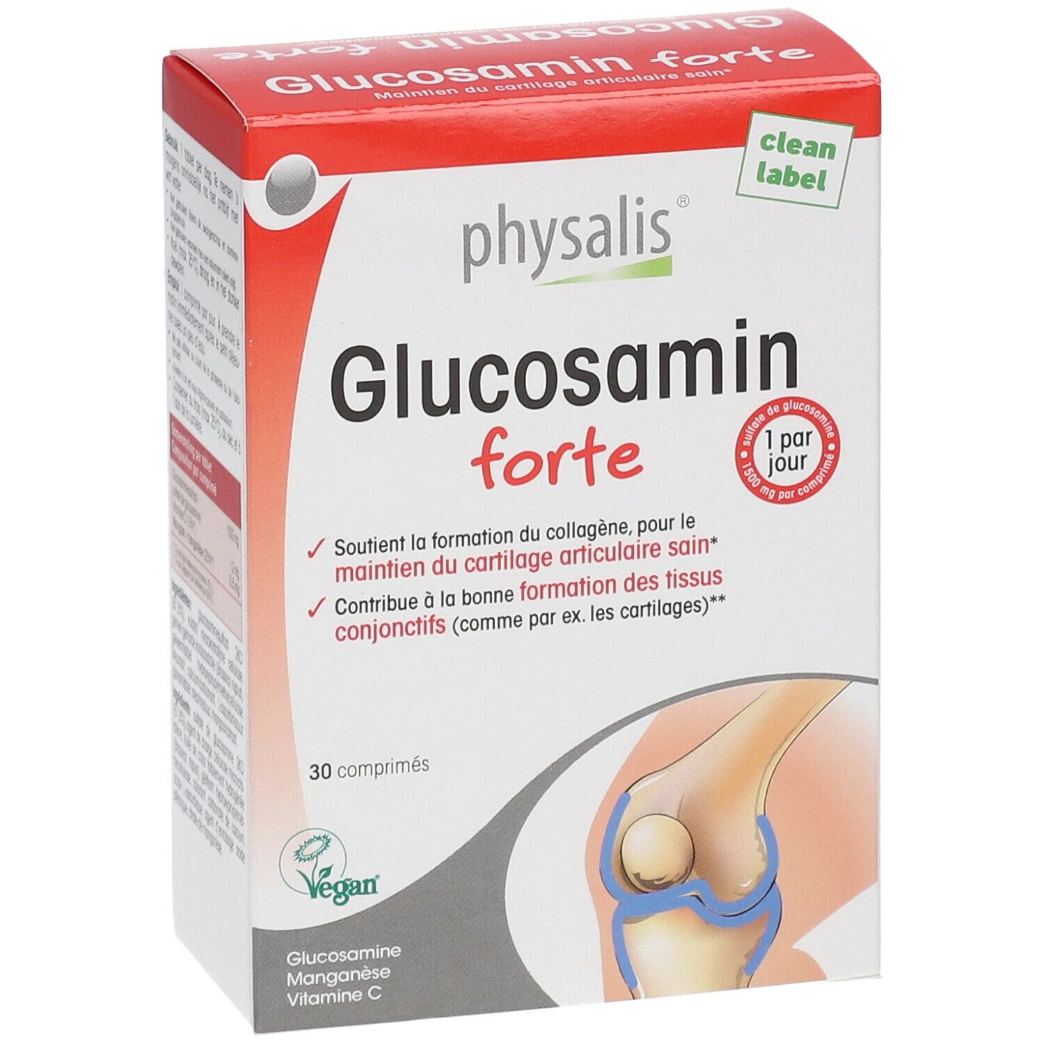 Boîte "Glucosamin forte". Contient 30 comprimés. Logo végan. Illustration d'une articulation du genou.