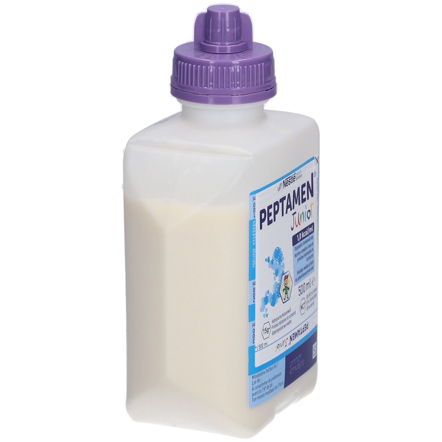 Bouteille Nestlé Peptamen Junior, bouchon violet. Inscription : 500 ml. Liquide clair.