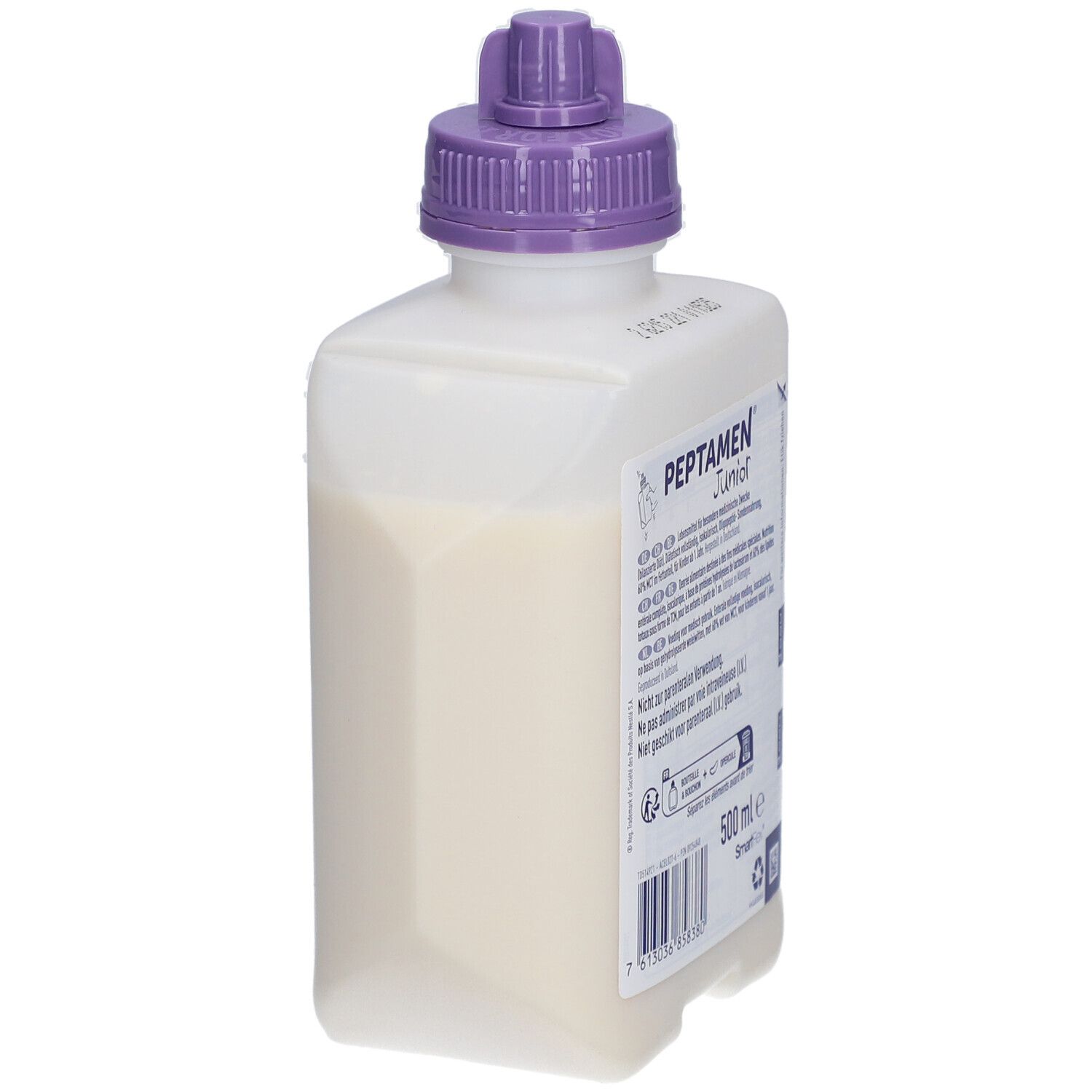 Bouteille Nestlé Peptamen Junior, bouchon violet. Inscription : 500 ml. Liquide clair.