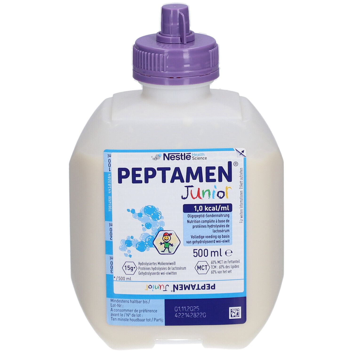 Bouteille Nestlé Peptamen Junior, bouchon violet. Inscription : 1,0 kcal/ml, 500 ml. Liquide clair.