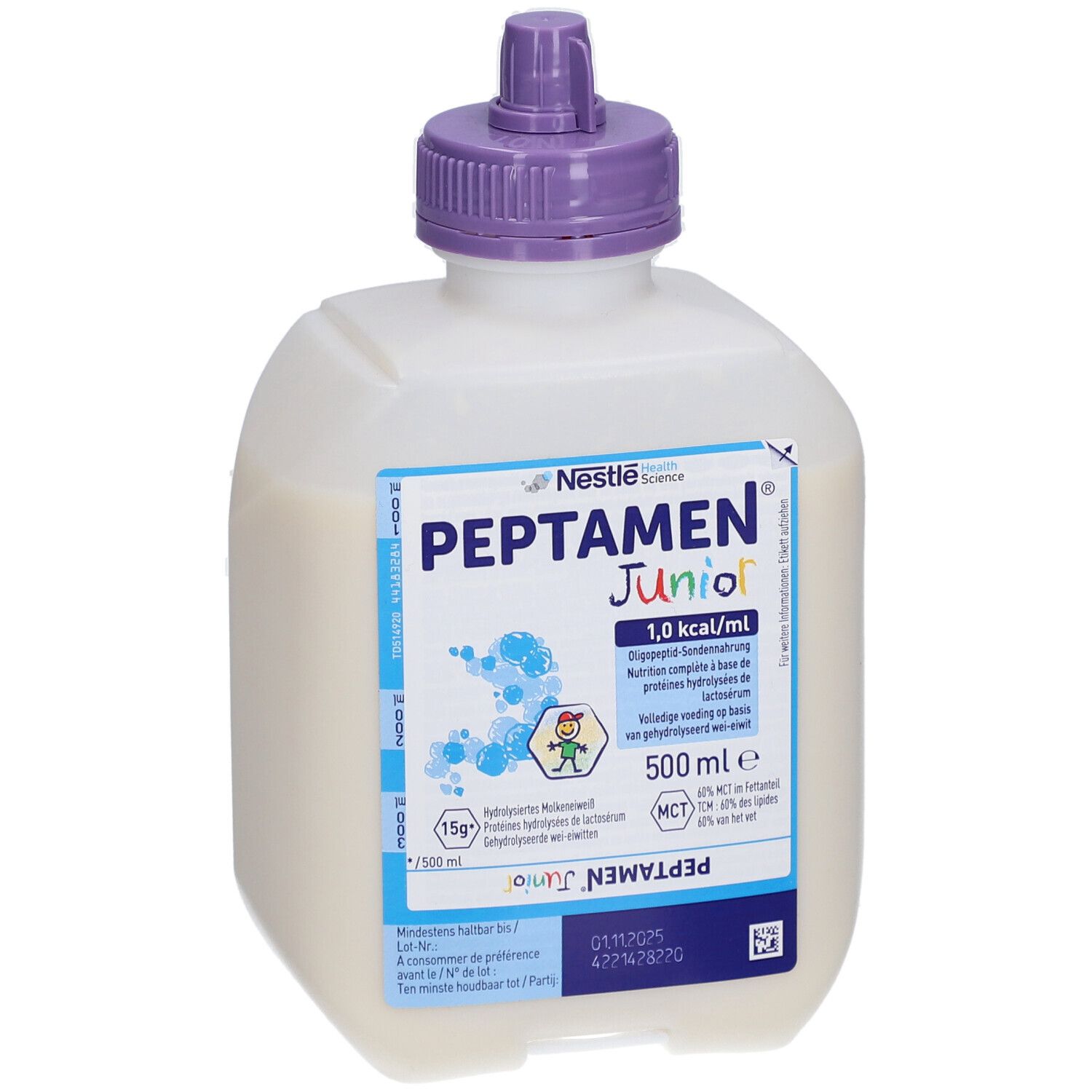 Bouteille Nestlé Peptamen Junior, bouchon violet. Inscription : 1,0 kcal/ml, 500 ml. Liquide clair.