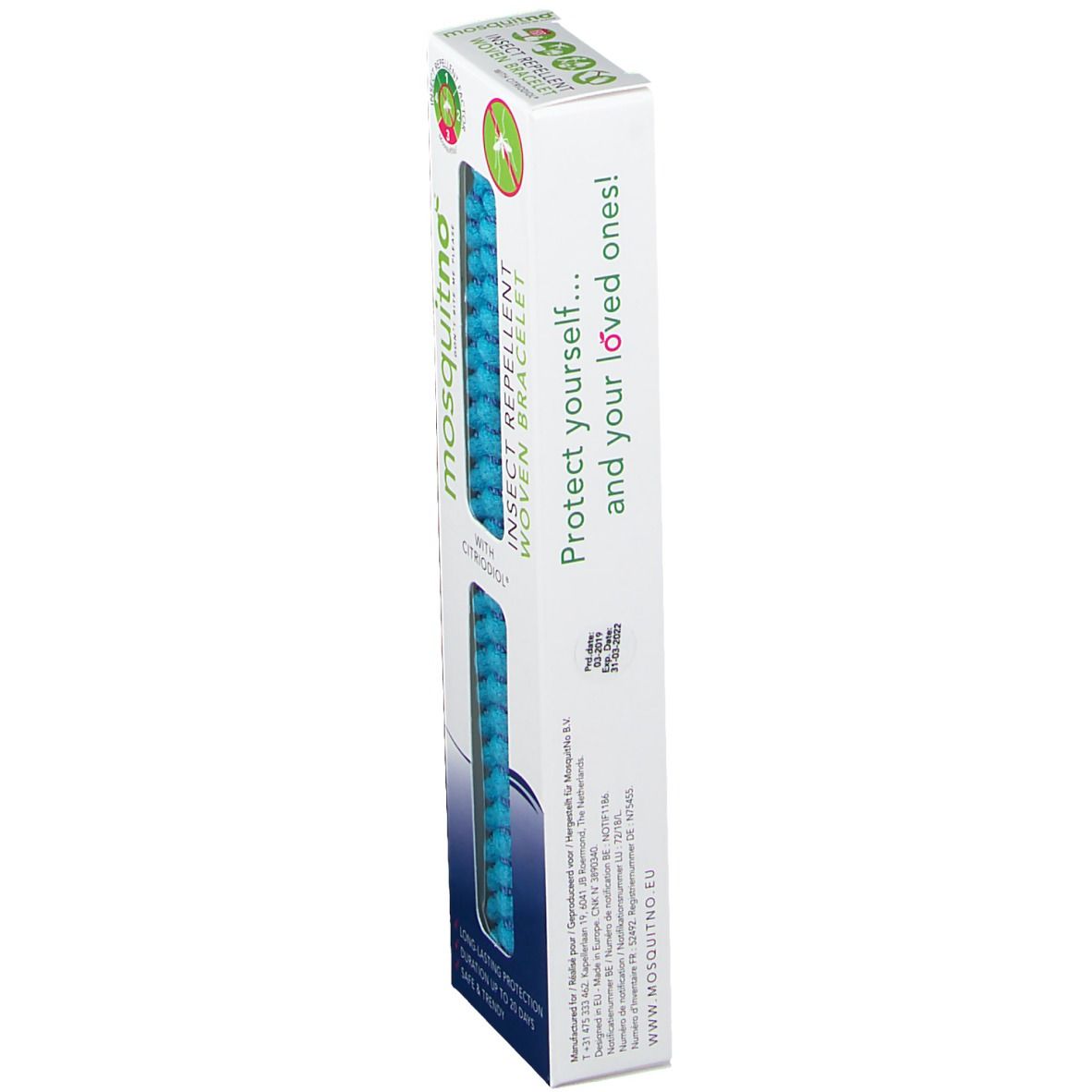 Emballage étroit avec bracelet tressé bleu. Texte: mosquitno, bracelet anti-insectes. Impression: Protégez-vous et vos proches !